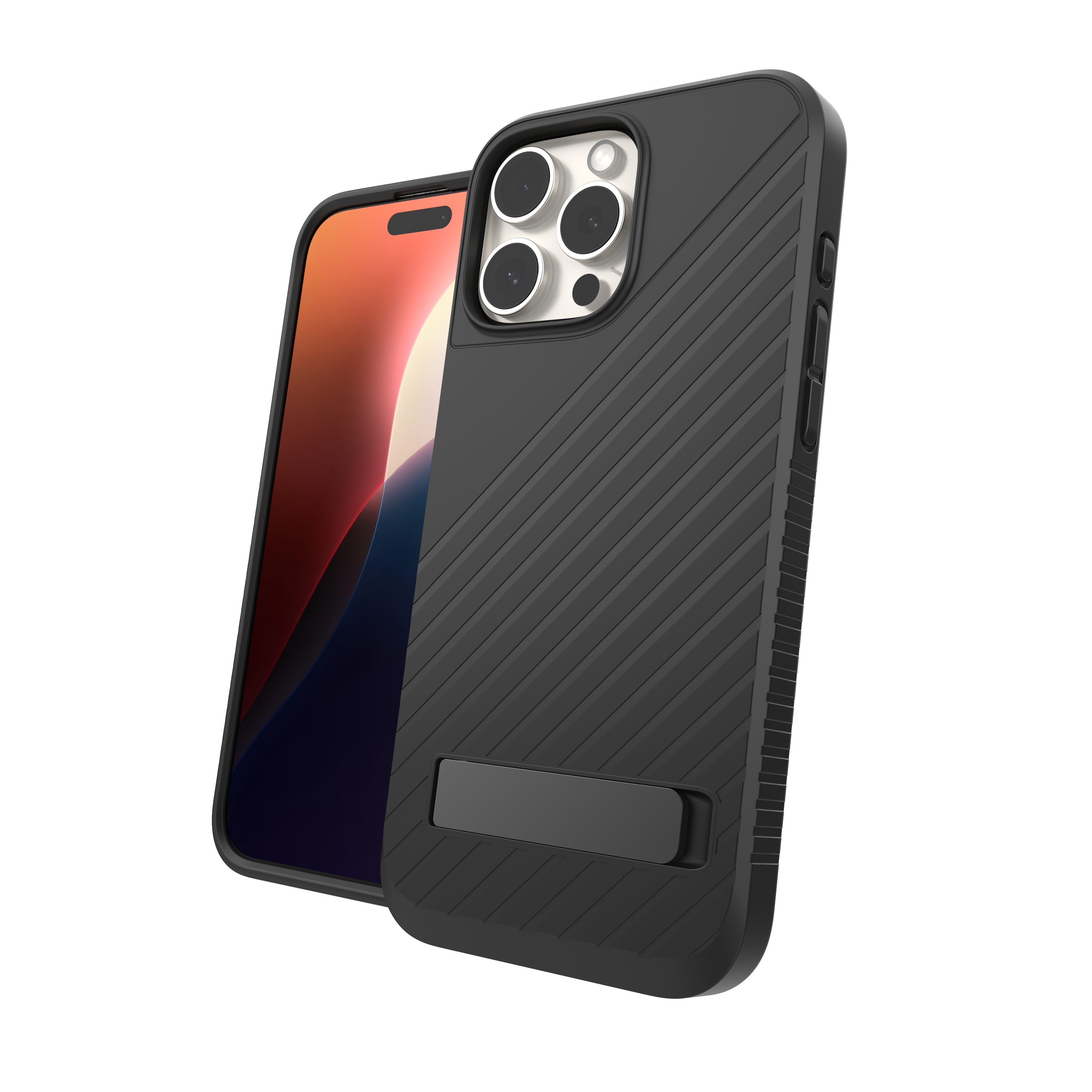 Schwarzes Telefon in einer schwarzen Hülle mit Ständer. Telefon hat Kamera auf der Rückseite.