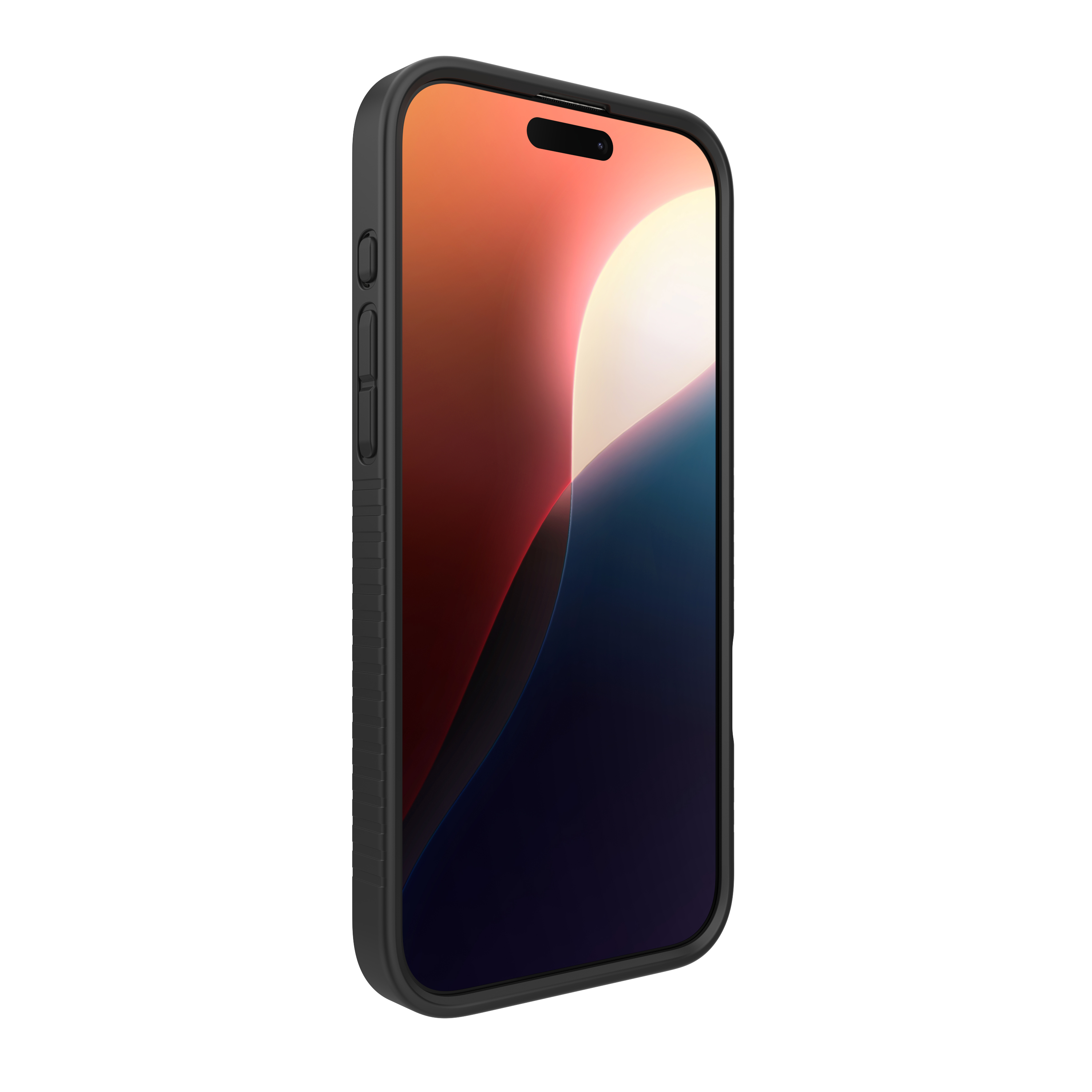 Ein Telefon in einer schwarzen Hülle. Der Bildschirm zeigt einen bunten Hintergrund.