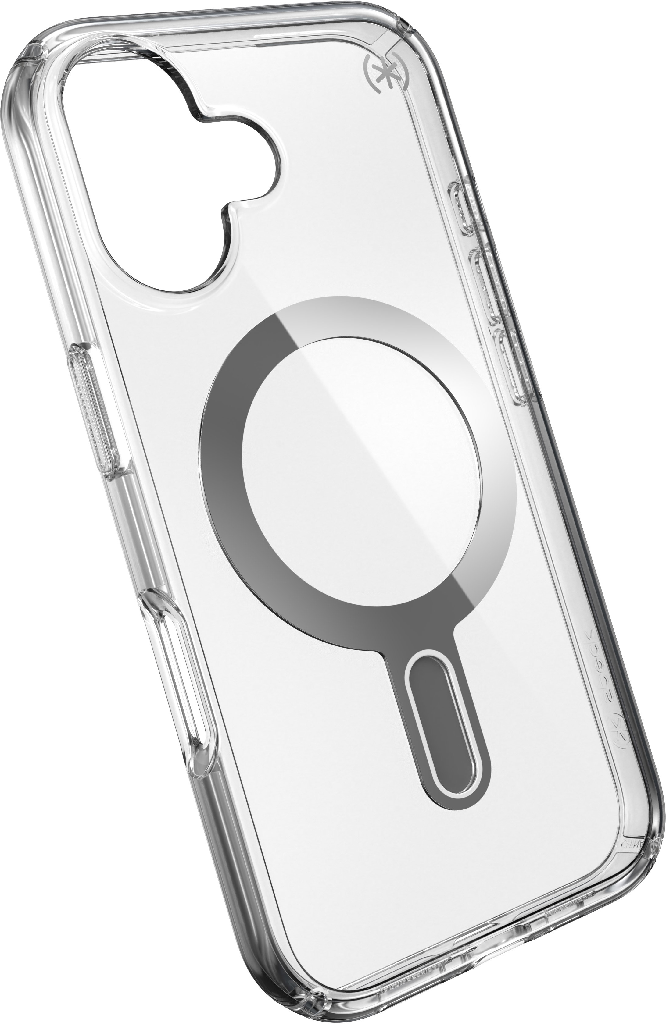 Custodia trasparente per telefono con design a cerchio argentato, vista angolata.