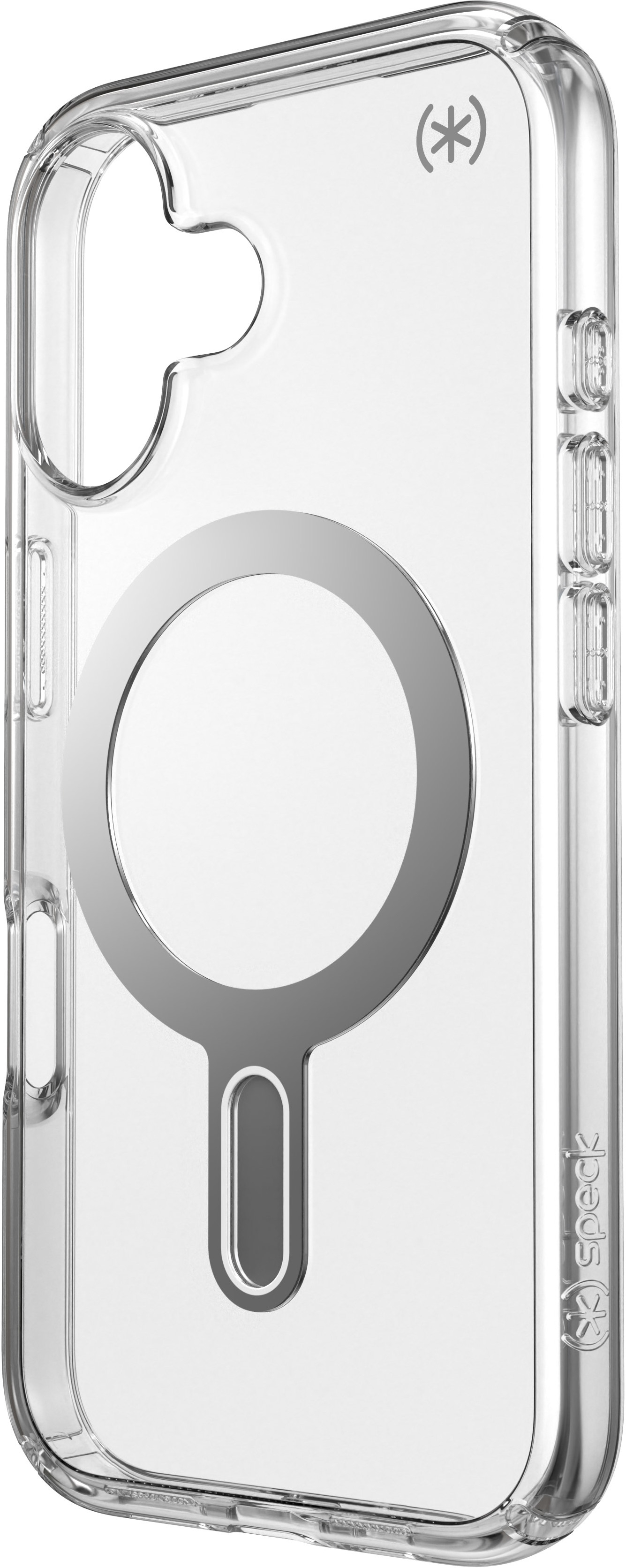 Custodia trasparente con anello magnetico e ritagli per fotocamera.
