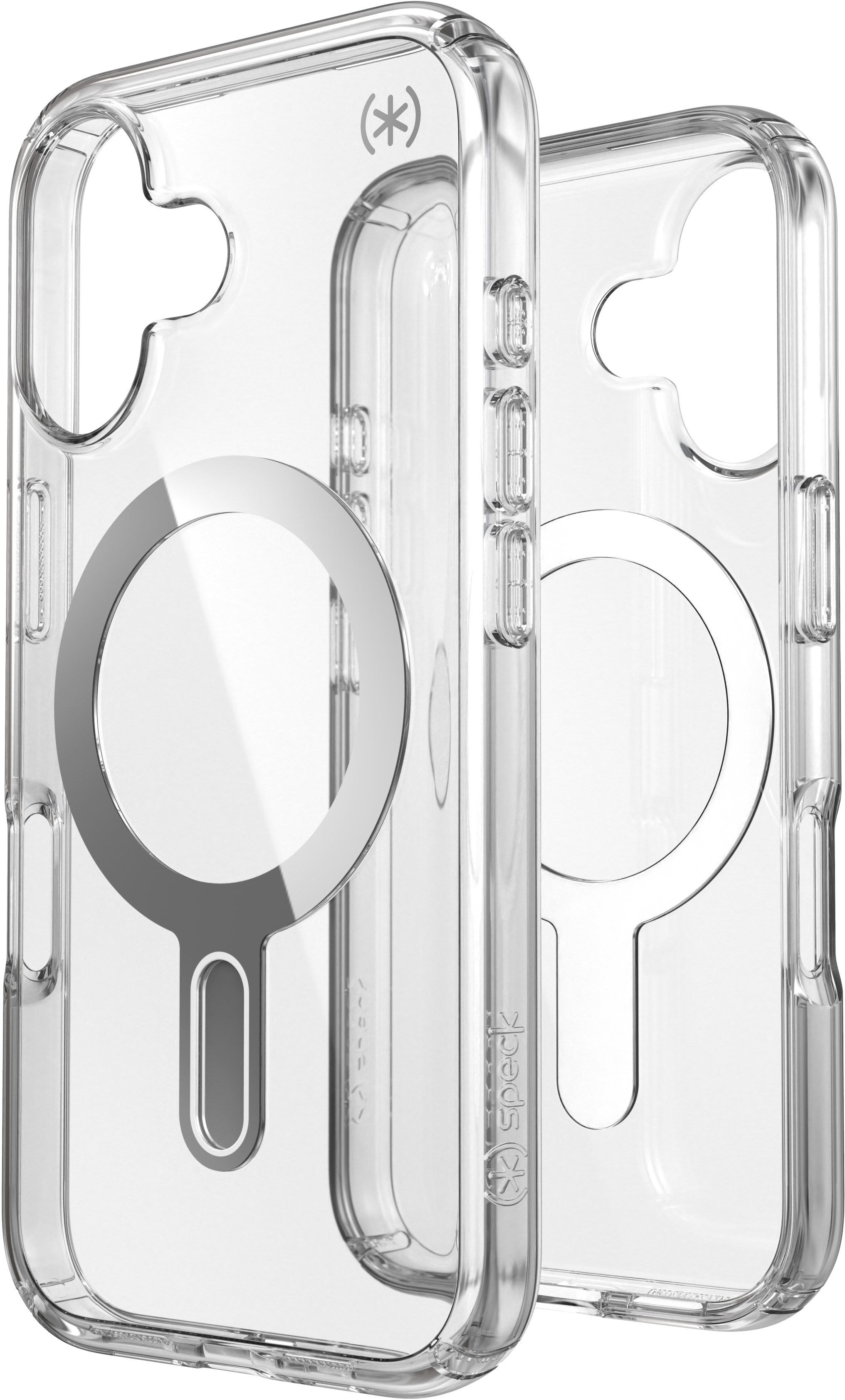 Due custodie trasparenti per telefono. Hanno un magnete circolare e un logo Speck.