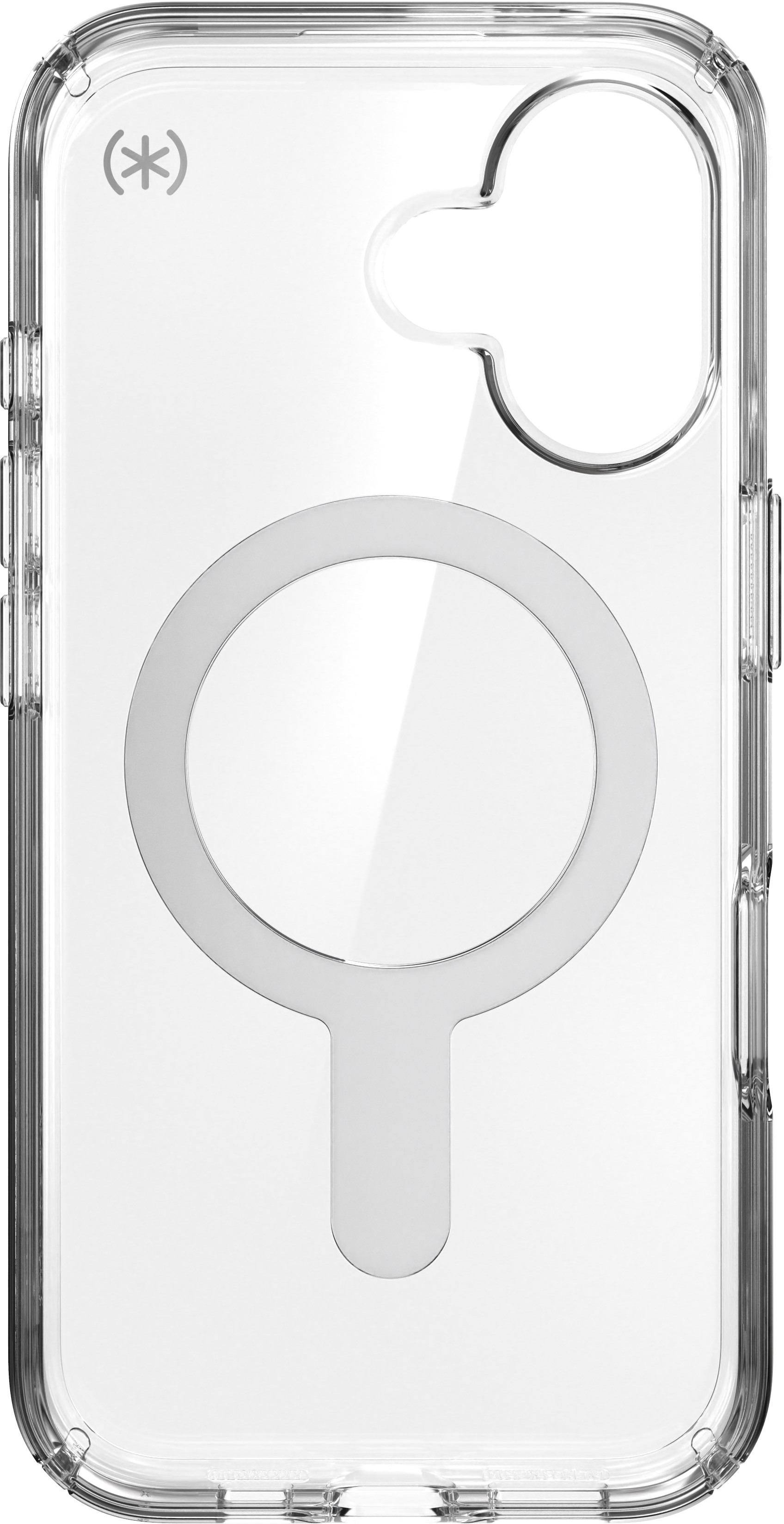Custodia trasparente per telefono con anello magnetico. La custodia è inclinata a destra su sfondo bianco.