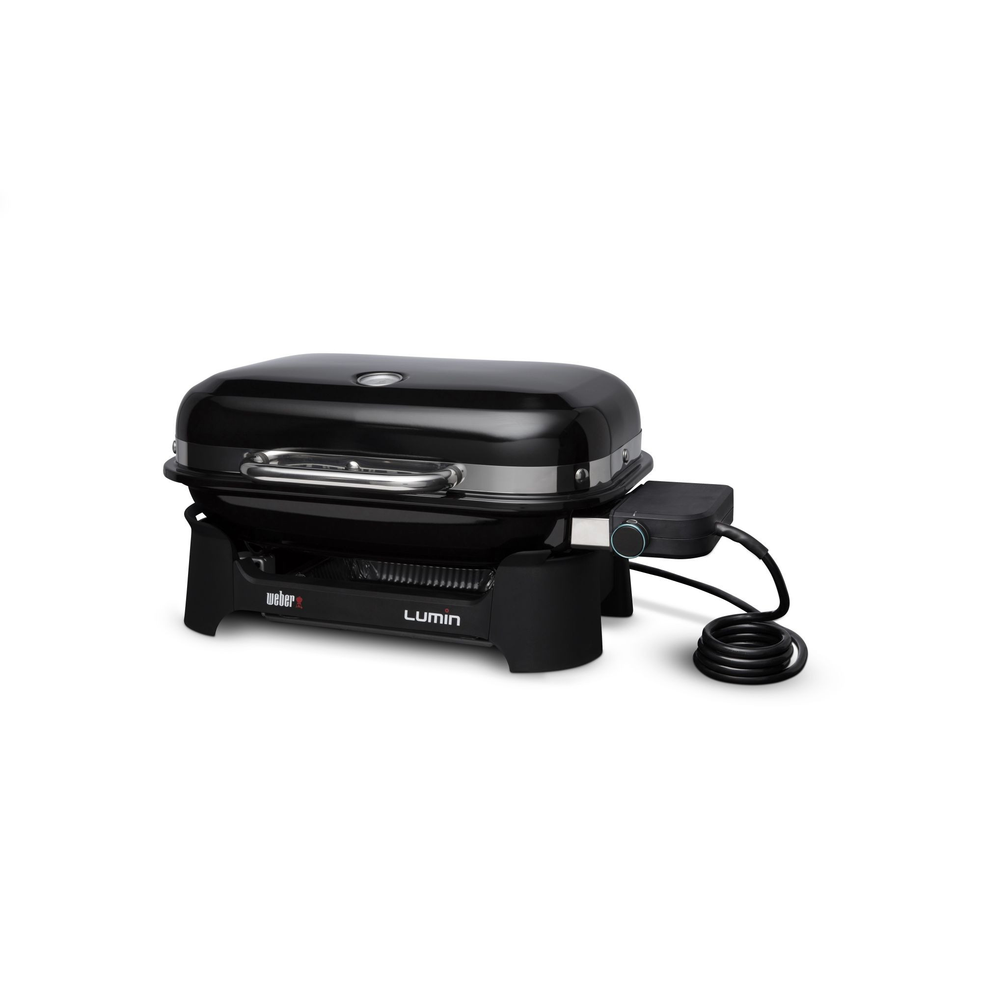 Schwarzer Weber Lumin Grill mit schwarzem Sockel, Kabel und Bedienknopf.