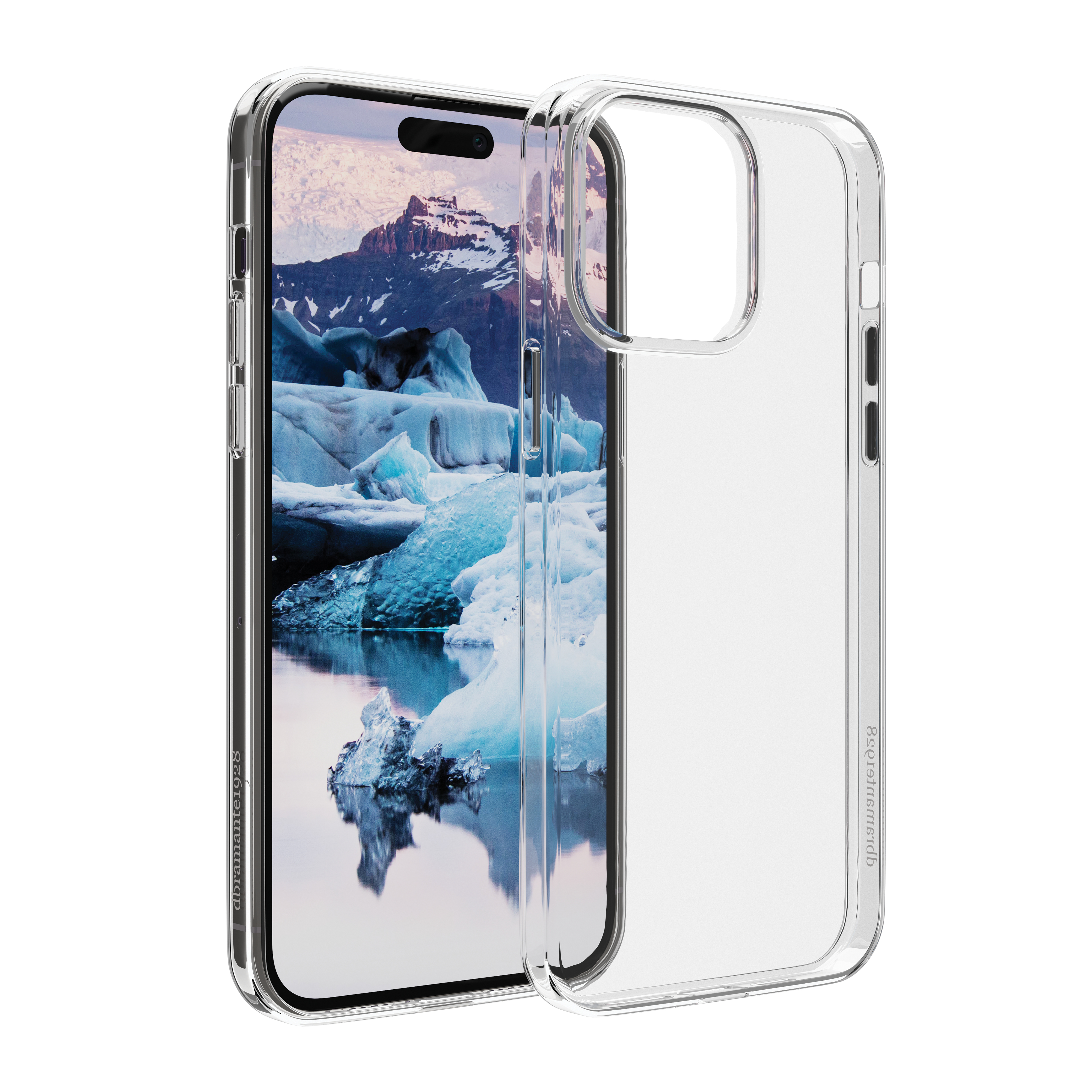 Transparente iPhone-Hülle, die ein Telefon mit einer malerischen Berg- und Wasserlandschaft schützt.