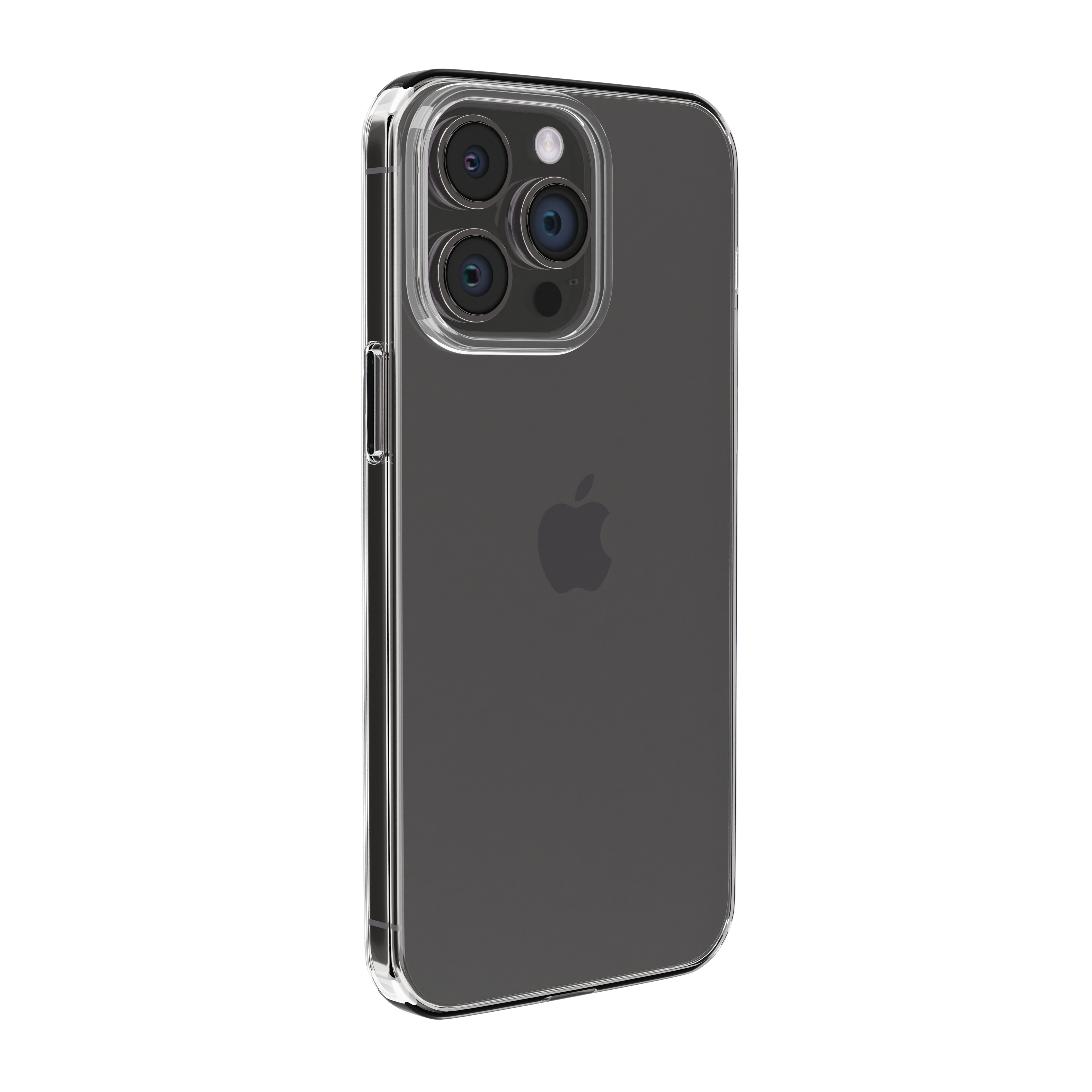 iPhone in einer durchsichtigen Hülle. Es hat drei Kameras und das Apple-Logo ist sichtbar. Der Hintergrund ist weiß.