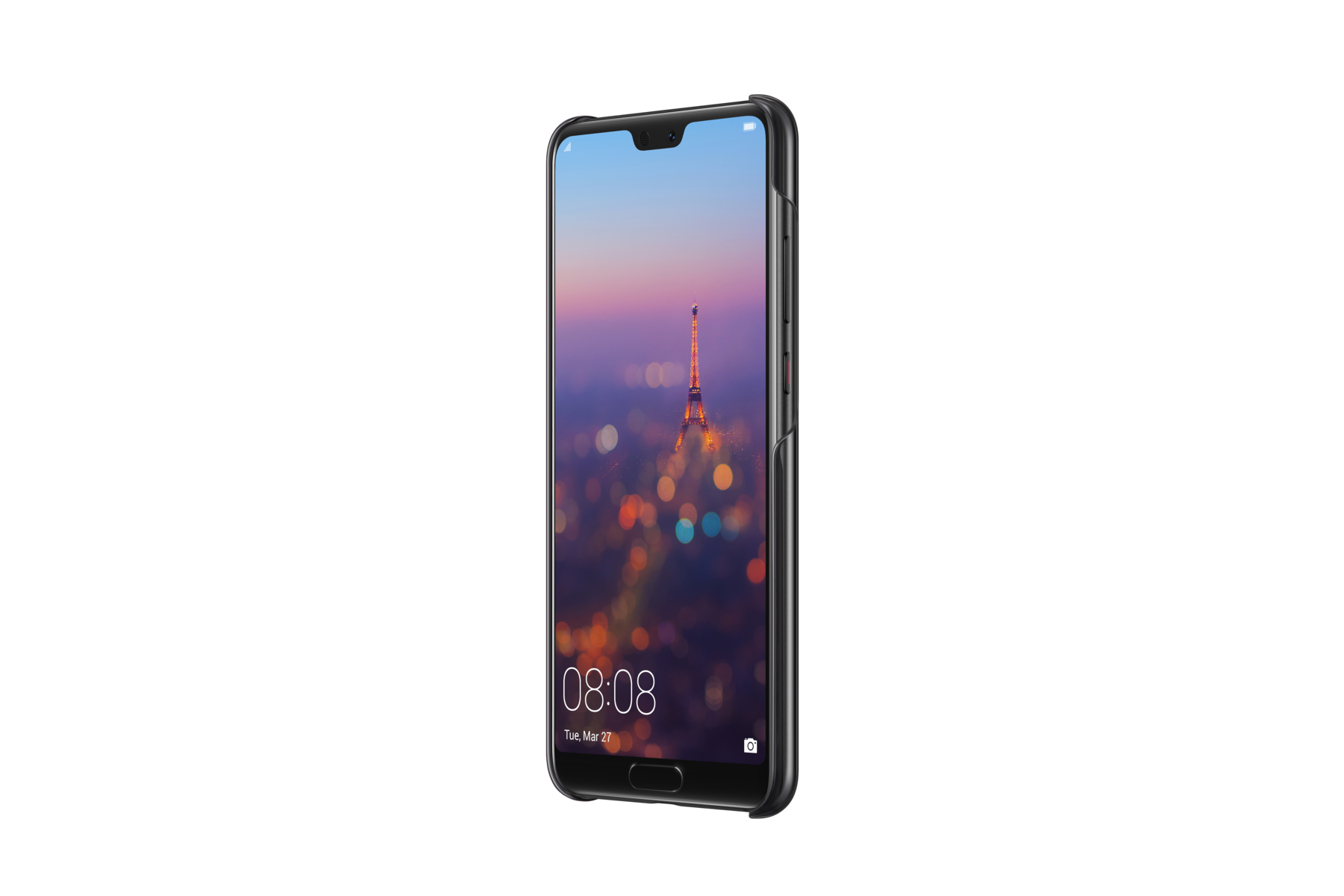 Telefono in una custodia nera, che mostra lo schermo, con la Torre Eiffel sullo sfondo.
