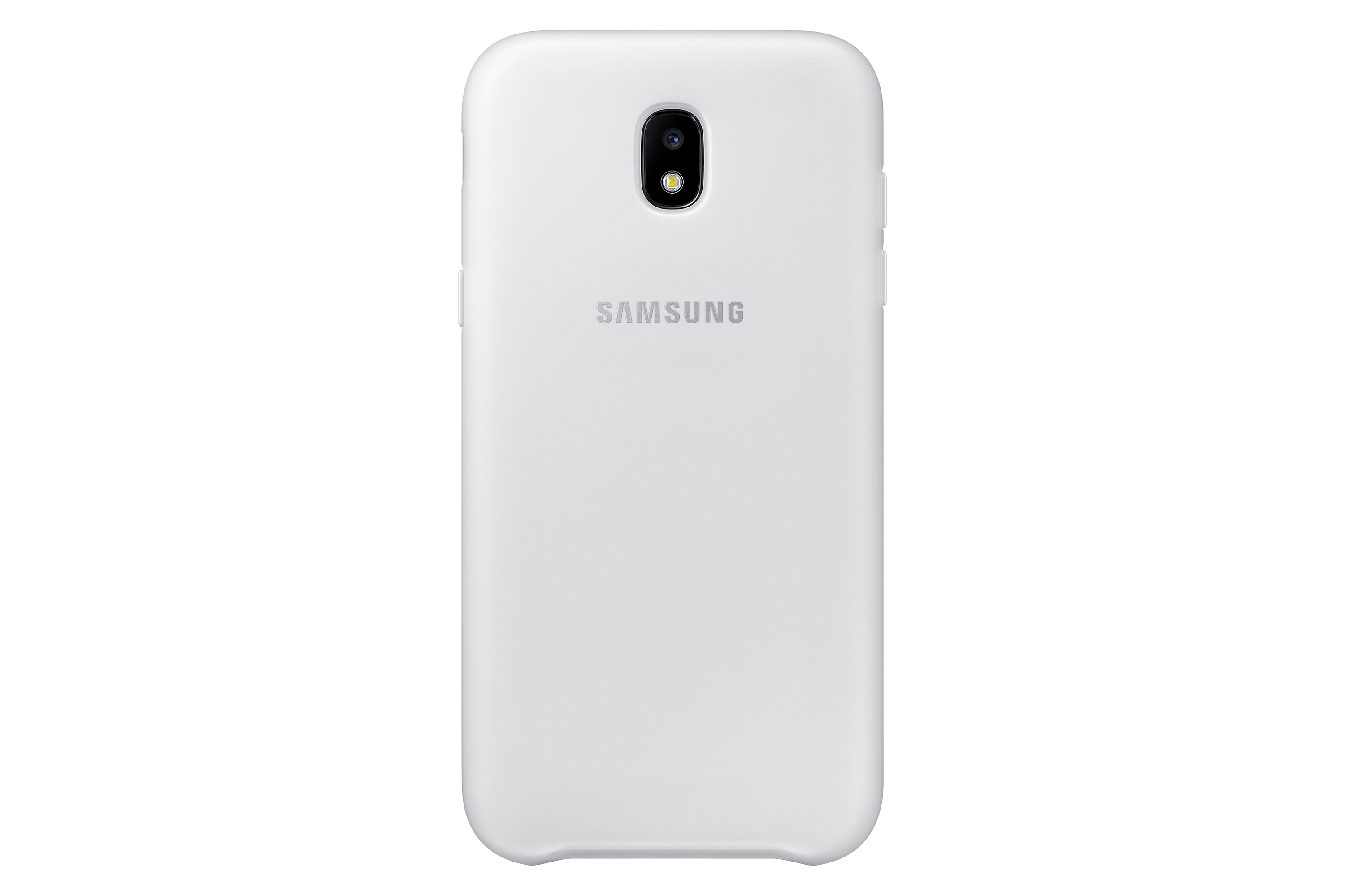 Un teléfono celular blanco con una cámara. La parte trasera del teléfono tiene el logotipo de Samsung.