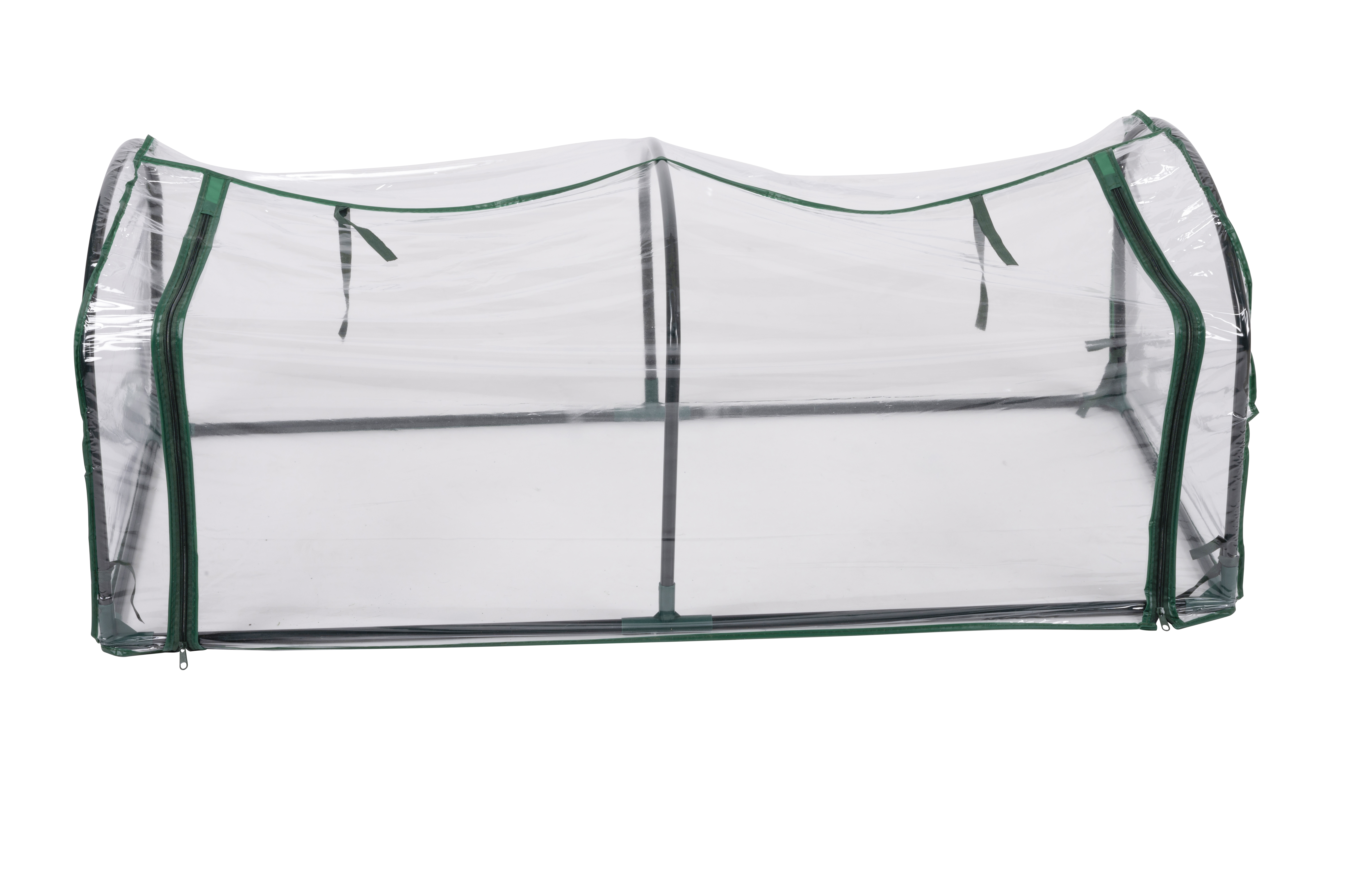 Transparante kasconstructie met groene accenten en een ritssluiting, tegen een witte achtergrond.