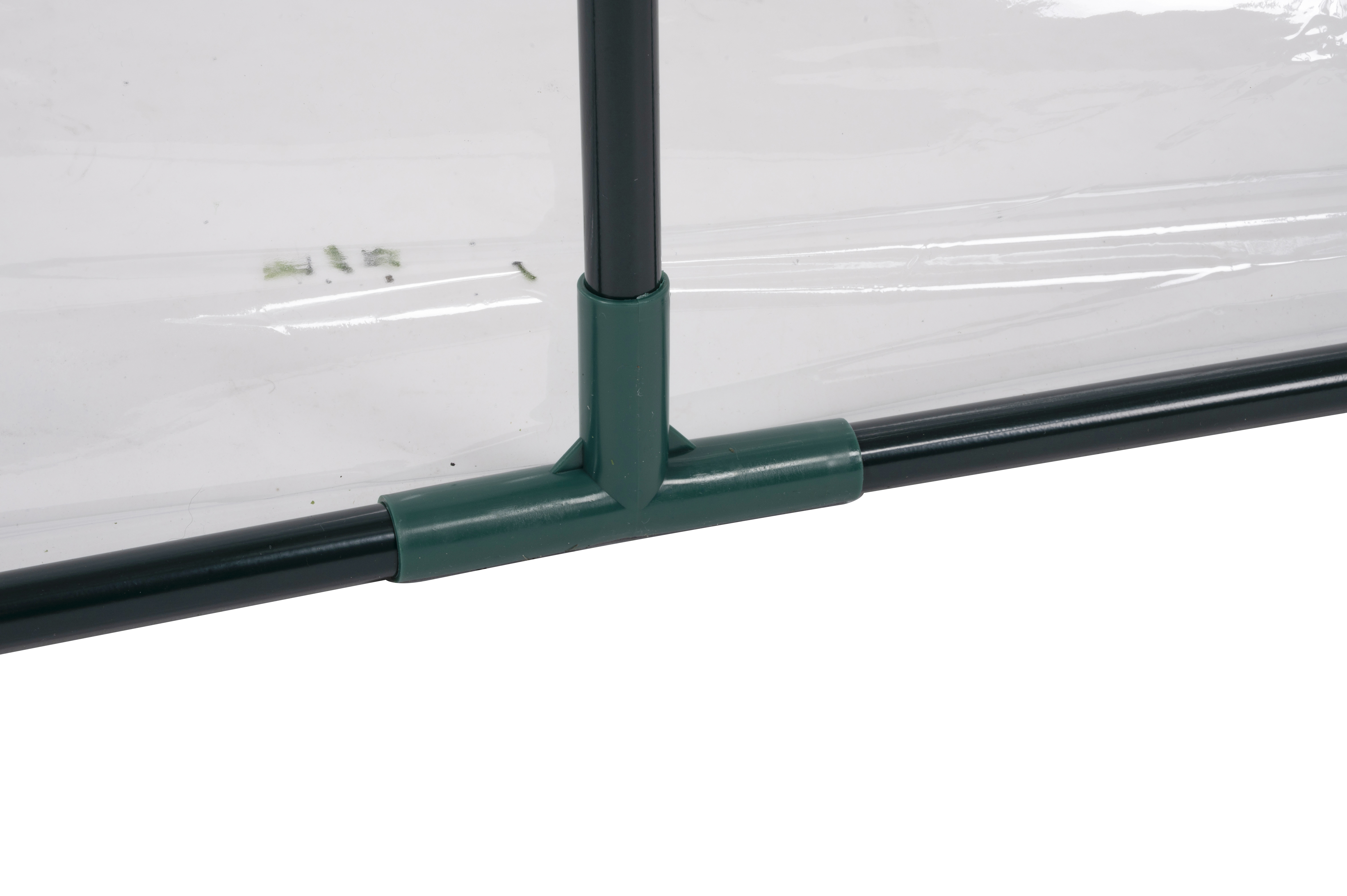 Close-up van het kasframe. Groene T-vormige connectoren verbinden donkergroene framebuizen.