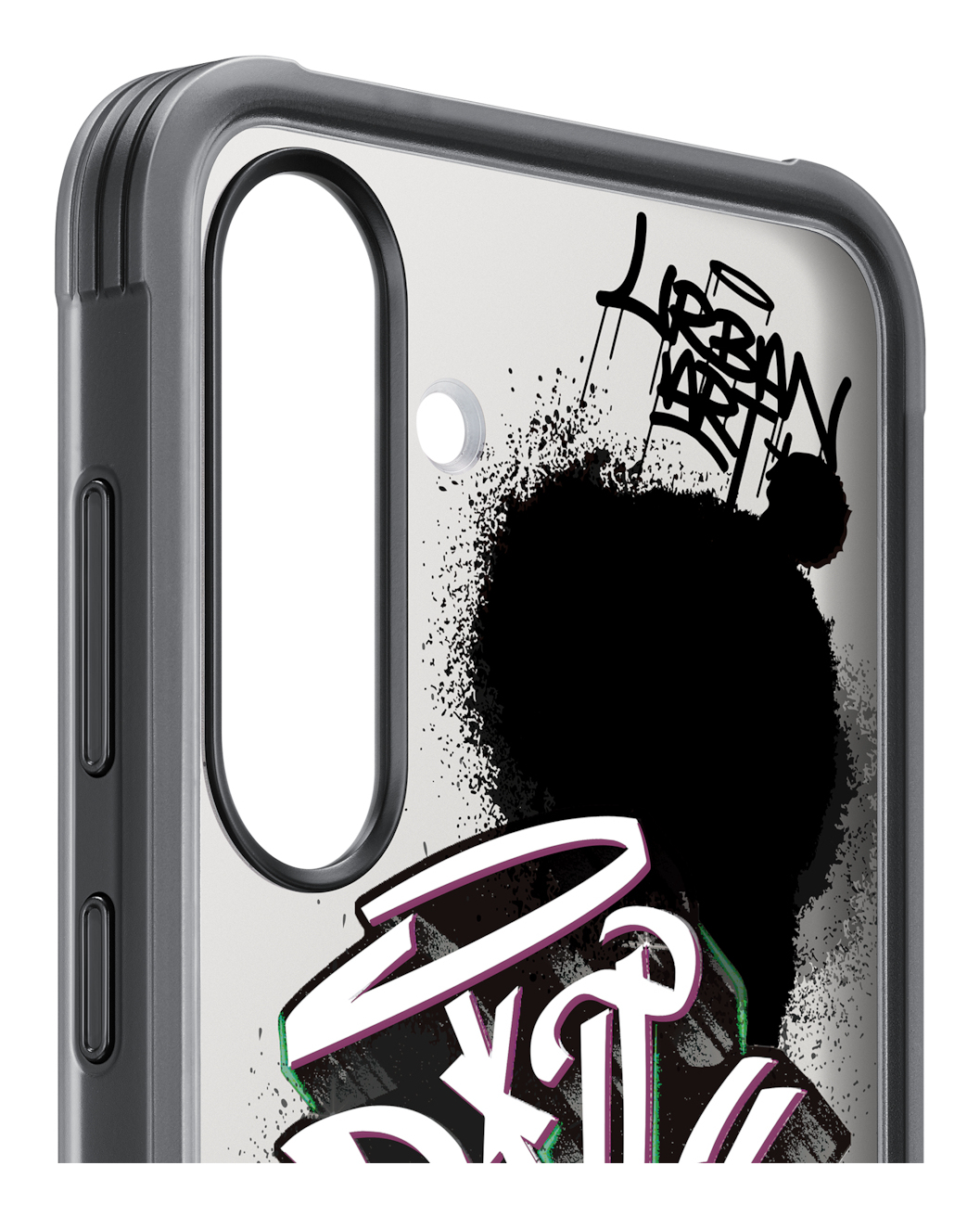 Transparente Handyhülle mit Graffiti-Kunst. Schwarz-weißes Sprühdesign mit Text.