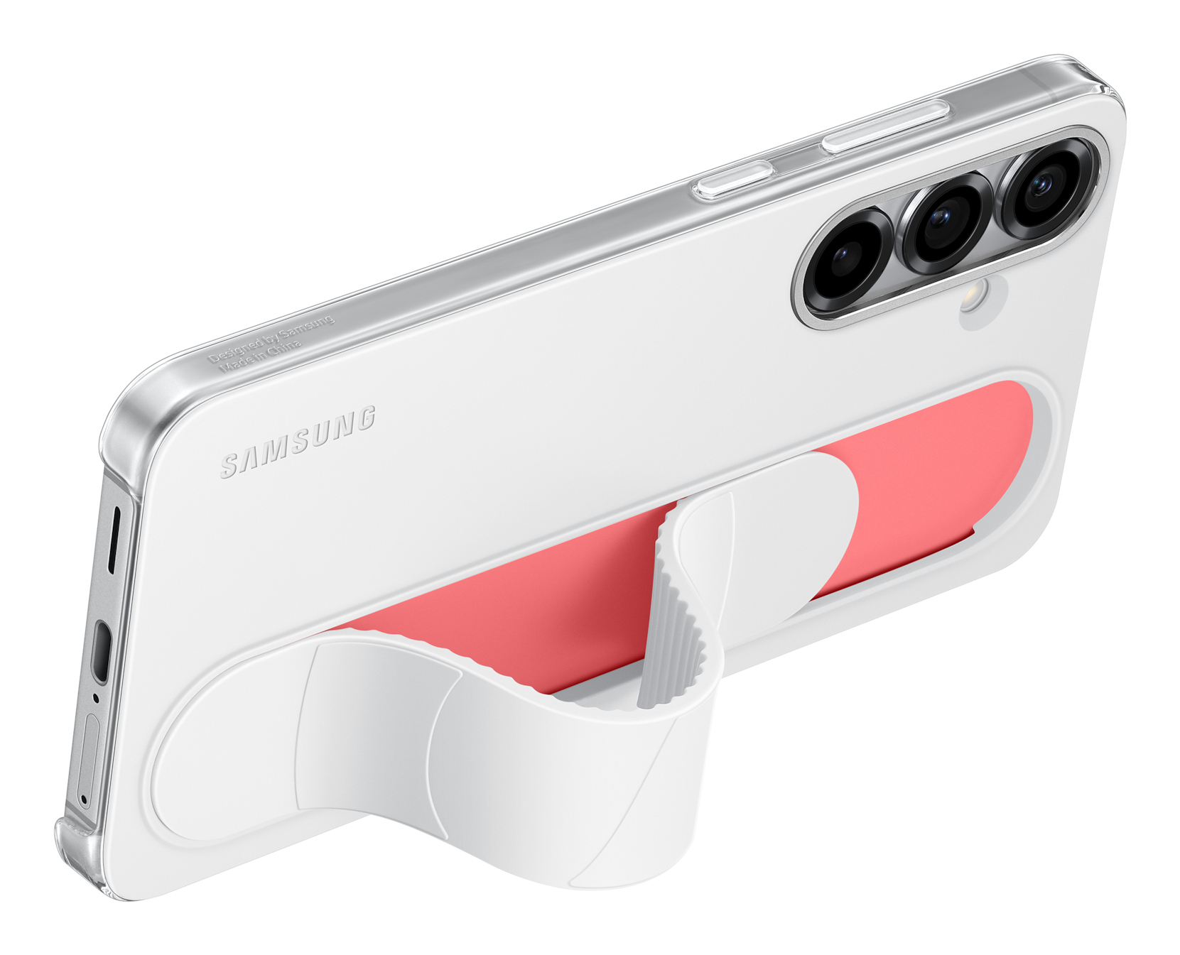 Biały telefon Samsung ze stojakiem i wbudowanym uchwytem na karty. Widoczna różowa karta.