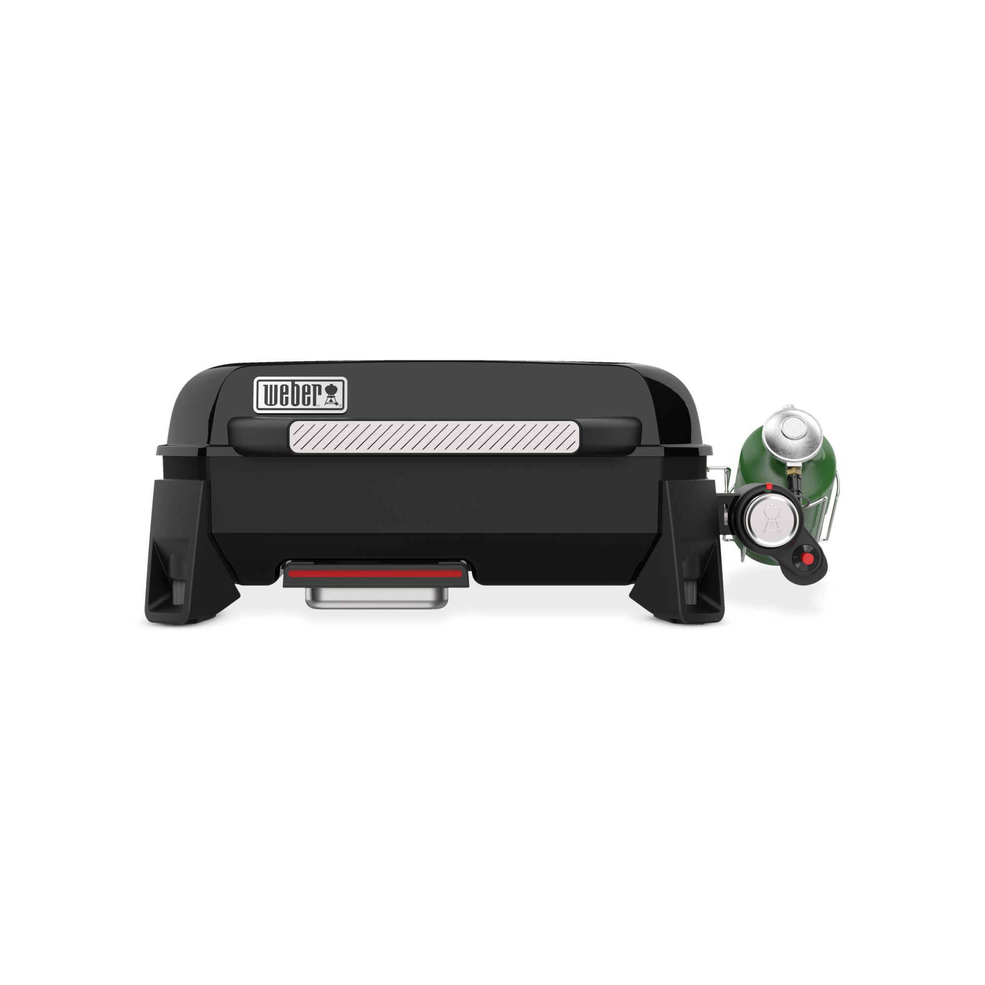 Czarny przenośny grill z zielonym zbiornikiem gazu i białym tłem.