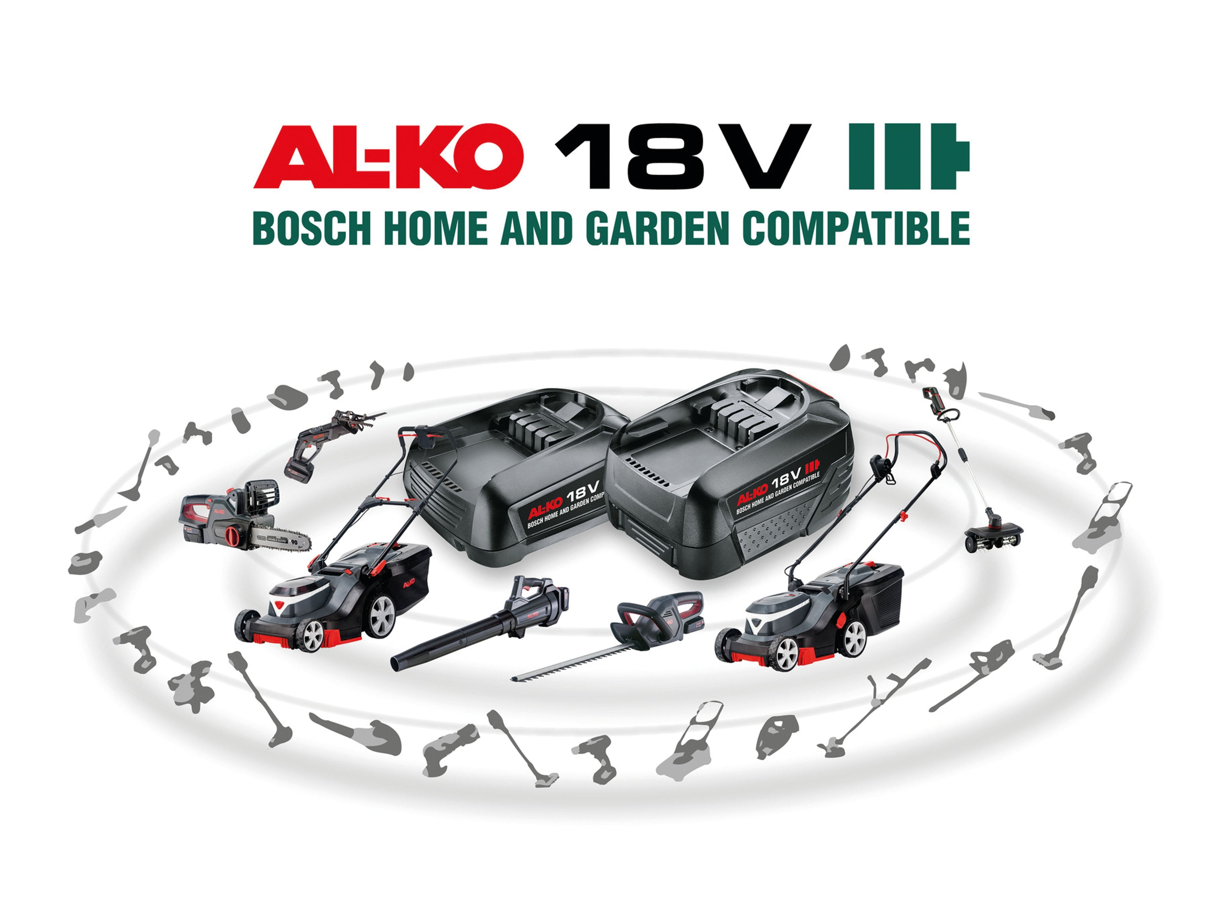 Afbeelding met een verscheidenheid aan AL-KO 18V Bosch Home and Garden compatibele gereedschappen.