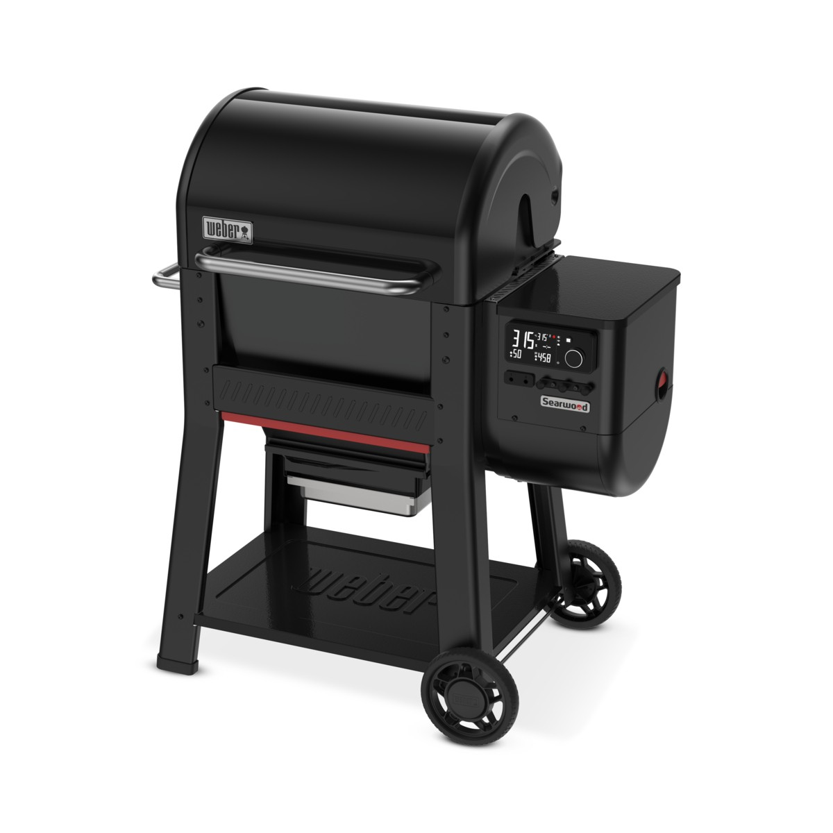 Griglia Weber nera con bruciatore laterale nero e pannello di controllo digitale su sfondo bianco.