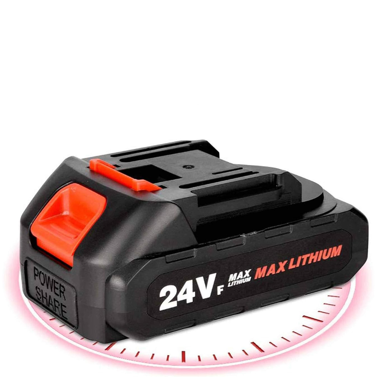 Batería negra 24V MAX Lithium con botón de liberación naranja, sobre superficie blanca.
