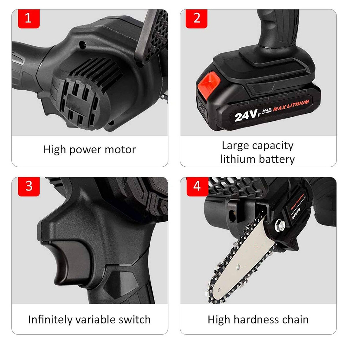 Cuatro imágenes mostrando partes de una motosierra negra. Incluye motor, batería, interruptor y detalle de cadena.