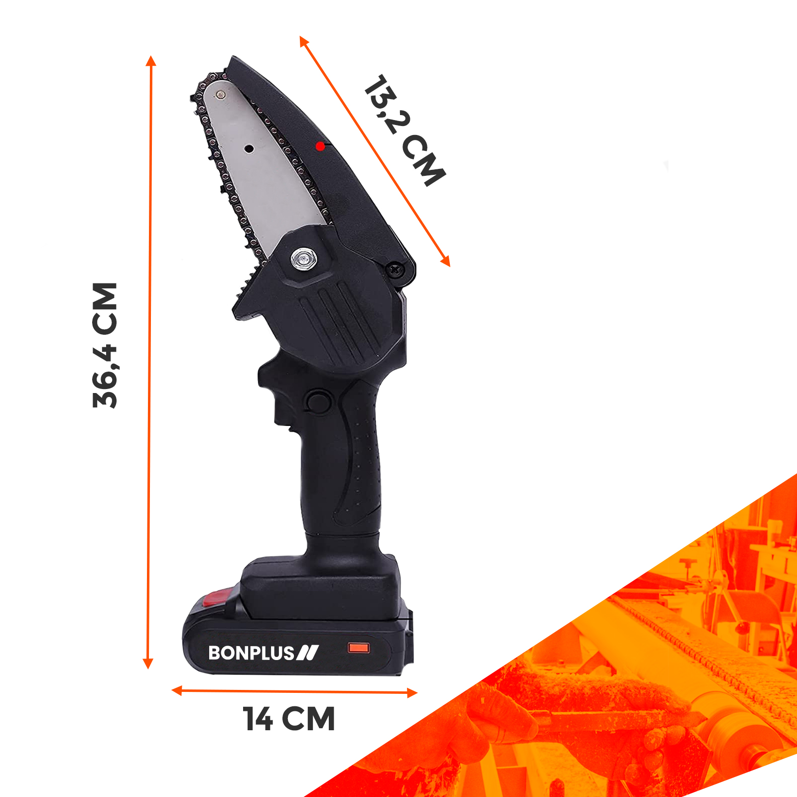 Una mini motosierra inalámbrica con medidas de tamaño, negro y naranja.