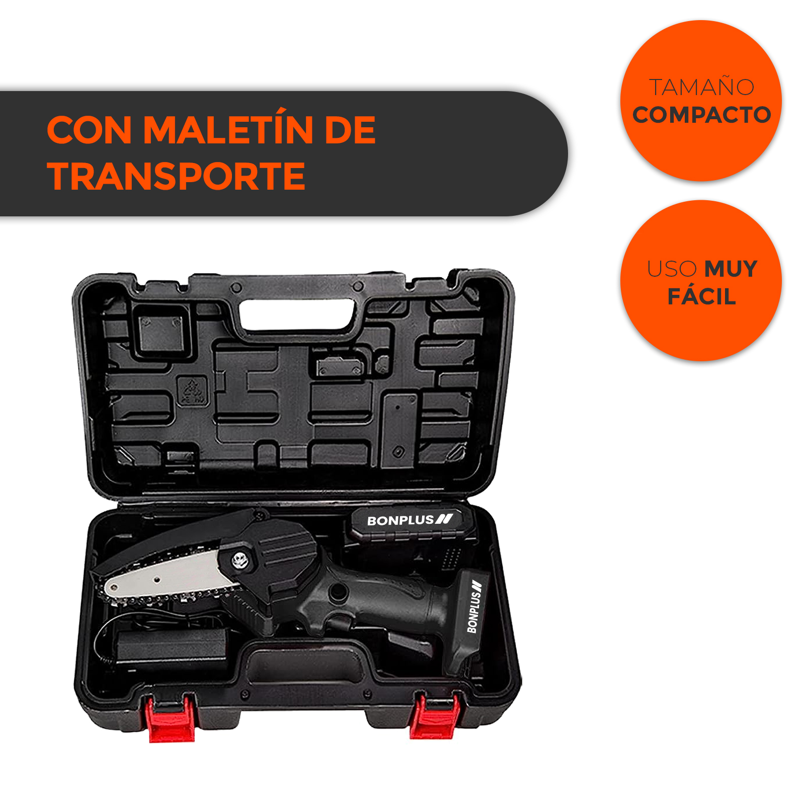 Motosierra negra en maletín negro con dos etiquetas circulares naranjas.