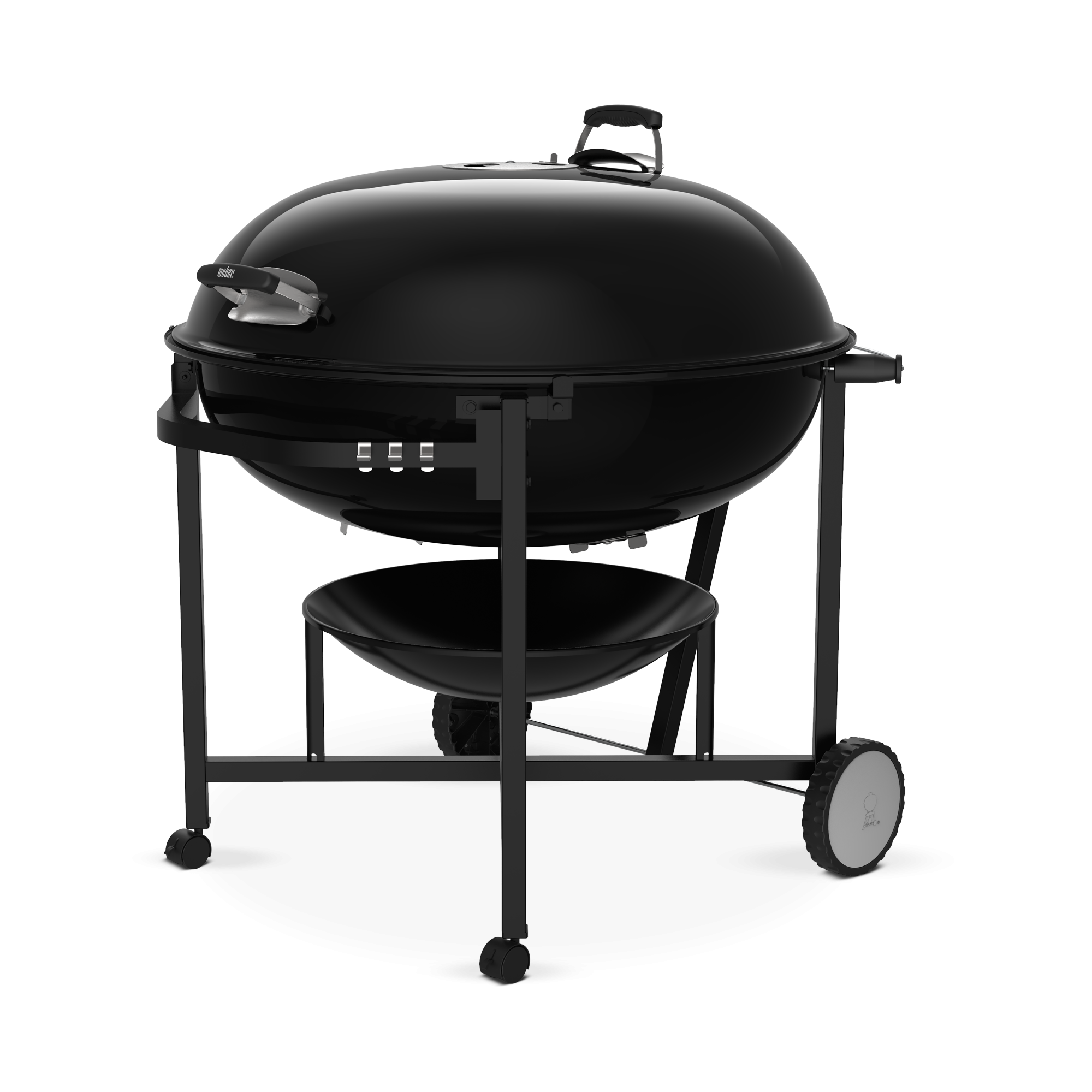 Parrilla negra con tapa cerrada, sobre un soporte de metal negro con ruedas.