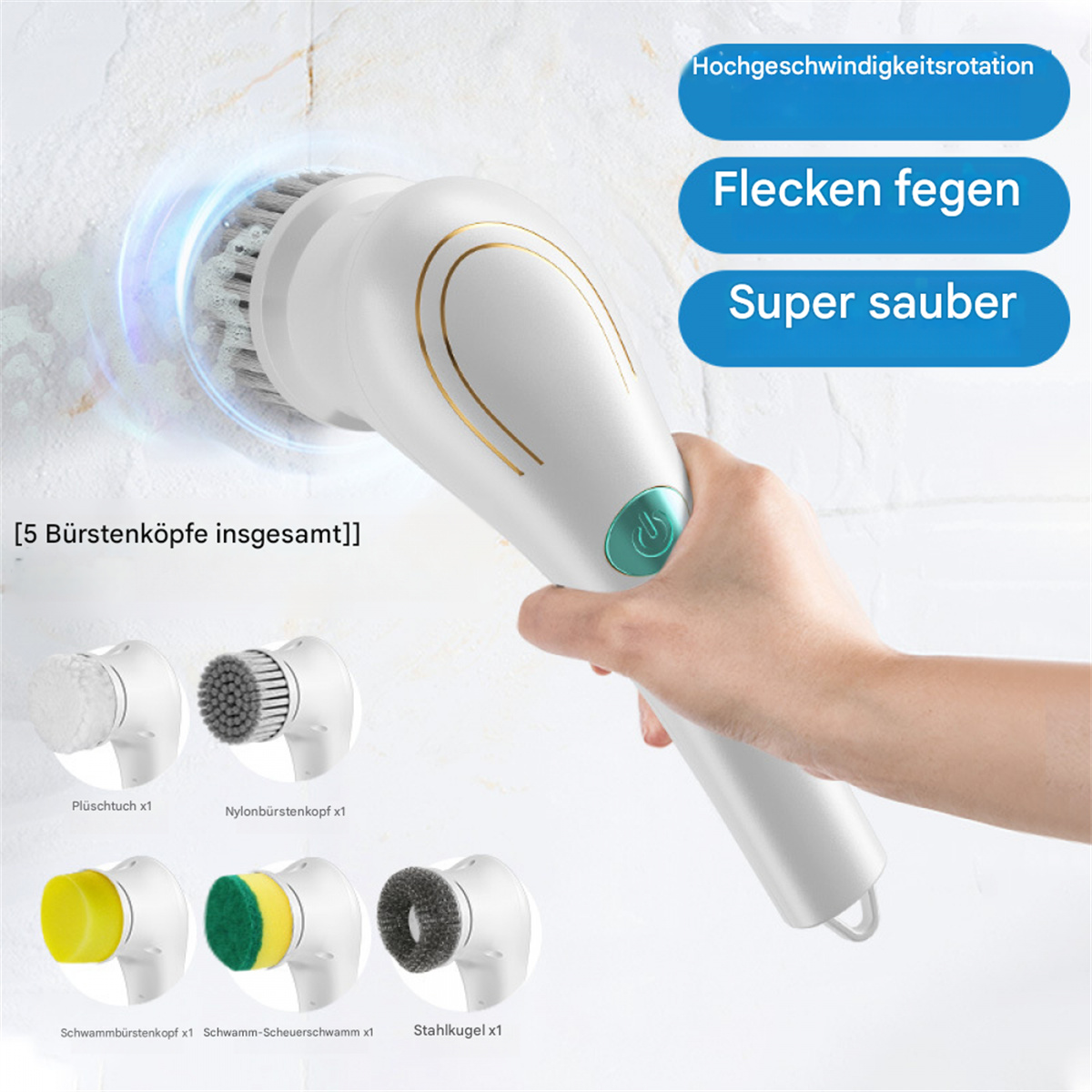 Ein weißes Reinigungswerkzeug mit mehreren Bürstenköpfen. Eine Hand hält das Werkzeug. Text auf Deutsch ist sichtbar.