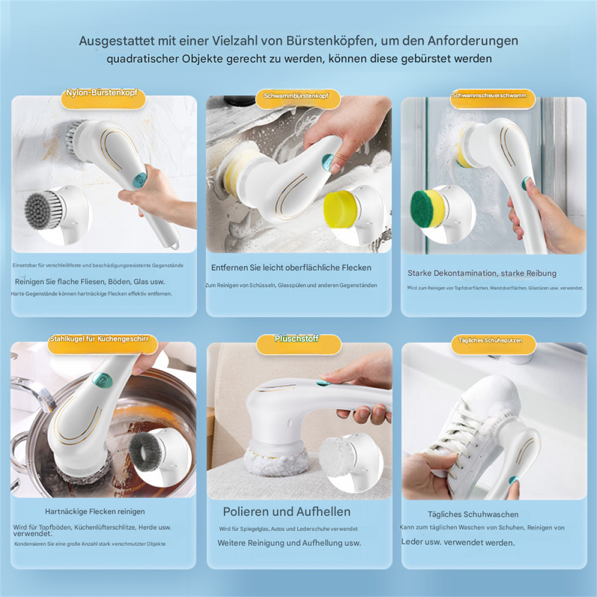 Eine Collage von Bildern, die Reinigungsbürsten und ihre Verwendung zeigen: für Fliesen, Glas und Schuhe usw.