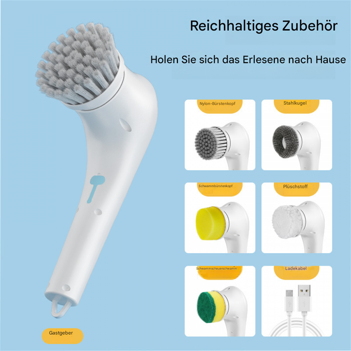 Ein Bild zeigt verschiedene Aufsätze für eine Reinigungsbürste mit Text auf Deutsch.