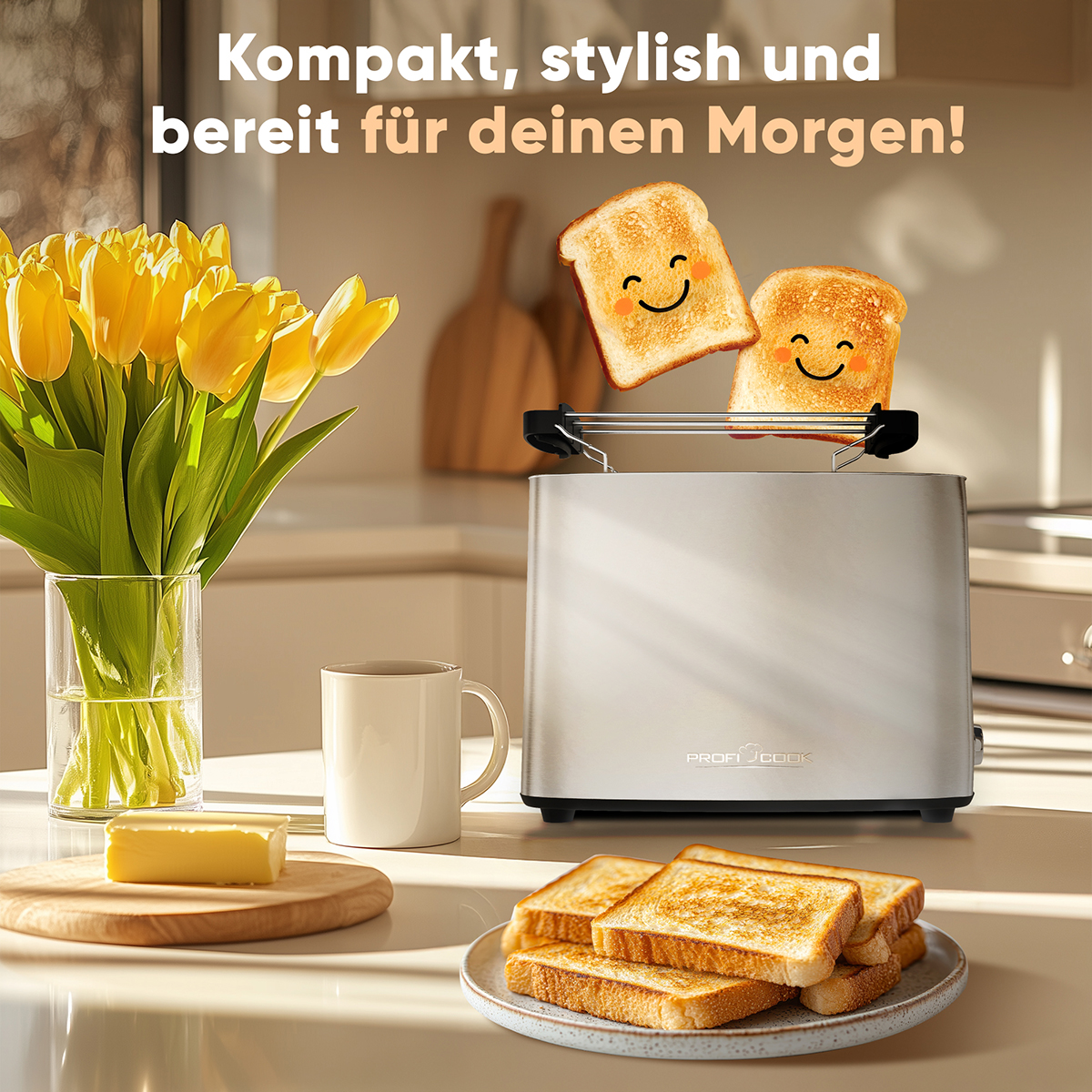 Un tostapane con toast sorridenti, un mazzo di tulipani gialli e burro su un tavolo.