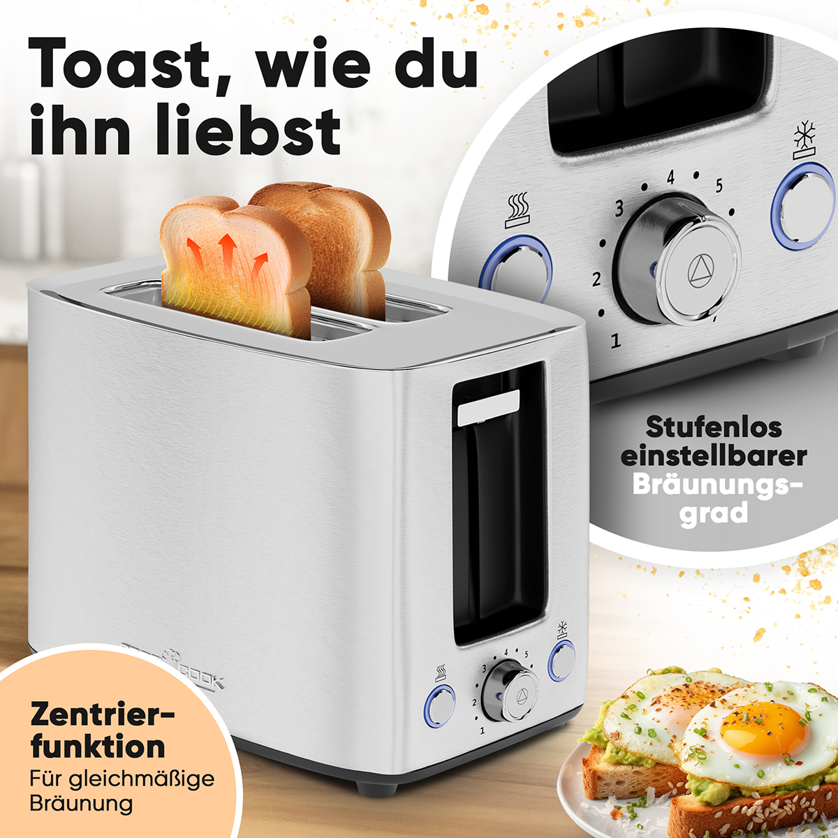 Un tostapane argentato con toast e uova fritte, con quadranti e pulsanti, su una superficie bianca.