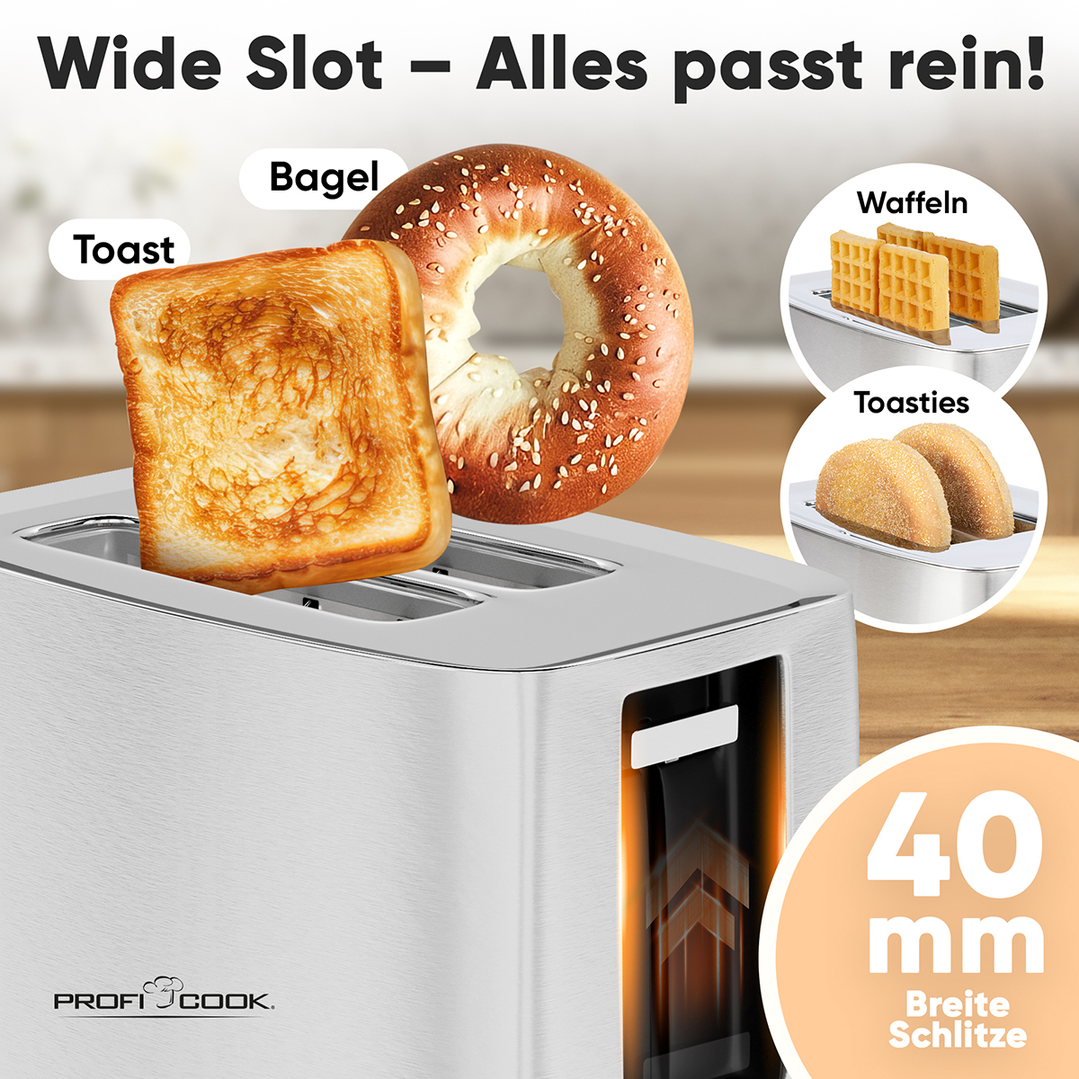 Tostapane con toast, bagel, waffle e toast. Mostra la funzione a fessura larga.