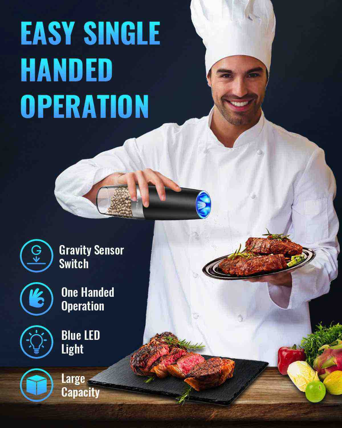 Ein Koch benutzt eine schwarze Pfeffermühle. Es gibt einen Teller mit Fleisch und Gemüse. Blaues LED-Licht ist an.