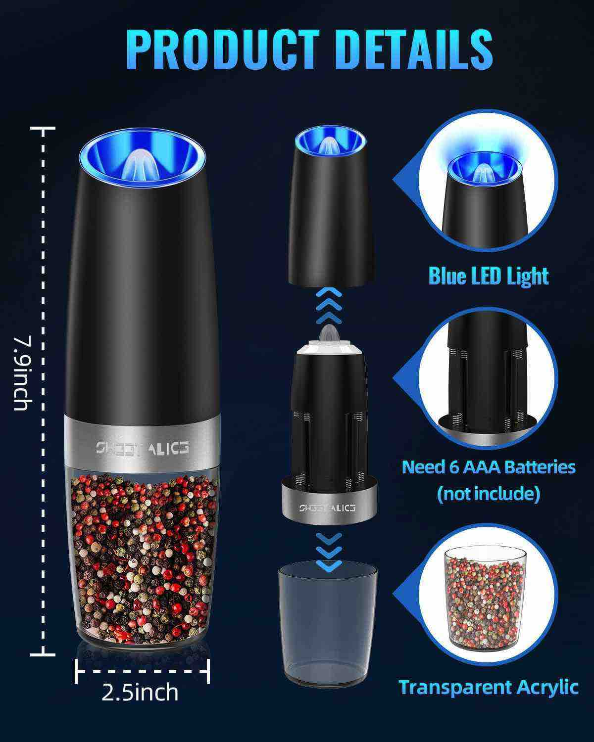 Pfeffermühle mit Pfeffer. Transparenter Acrylbehälter. Blaue LED. Verschiedene Produktdetails.