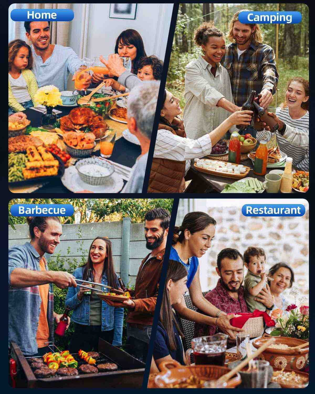 Vier Szenen: Zuhause, Camping, Grillen, Restaurant. Menschen essen und interagieren in jeder Szene.