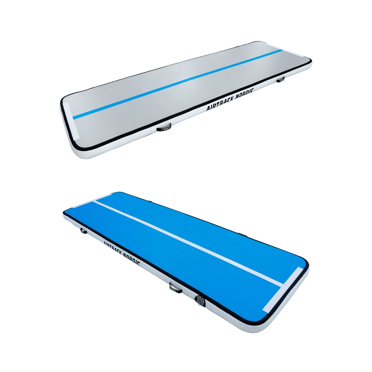Dwie prostokątne, nadmuchiwane maty Airtrack, jedna z niebieskim paskiem, druga z niebieską obwódką.