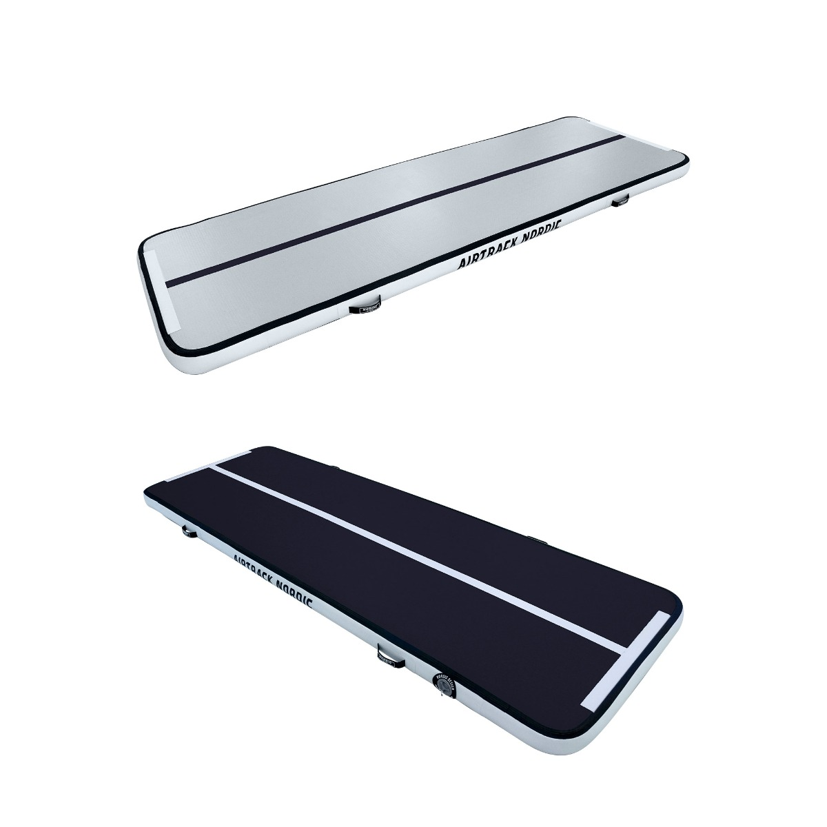 Dwie maty Airtrack: jedna biała, druga czarna, obie z napisem 'Airtrack Nordic'.