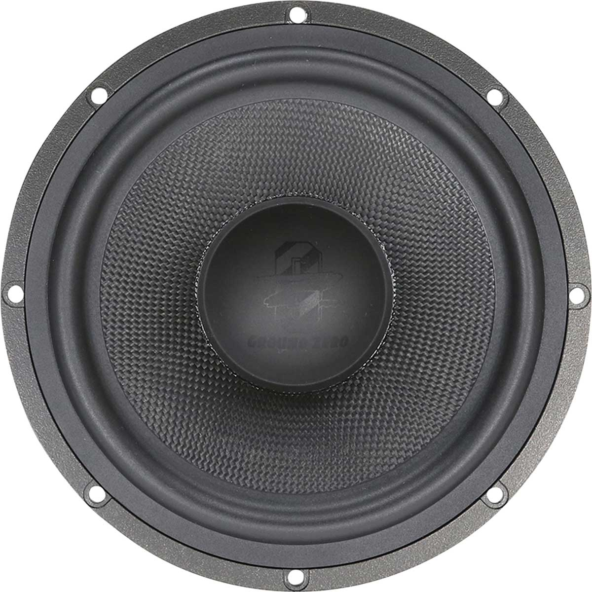 Schwarzer Subwoofer-Lautsprecher, Nahaufnahme, mit strukturierter Mitte und Löchern.