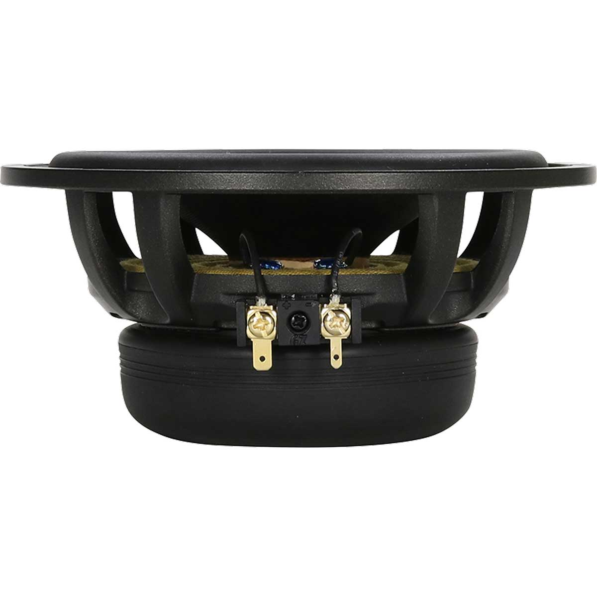 Nahaufnahme eines Subwoofer-Lautsprechers mit schwarzem Rahmen, zeigt Konus und Anschlüsse.