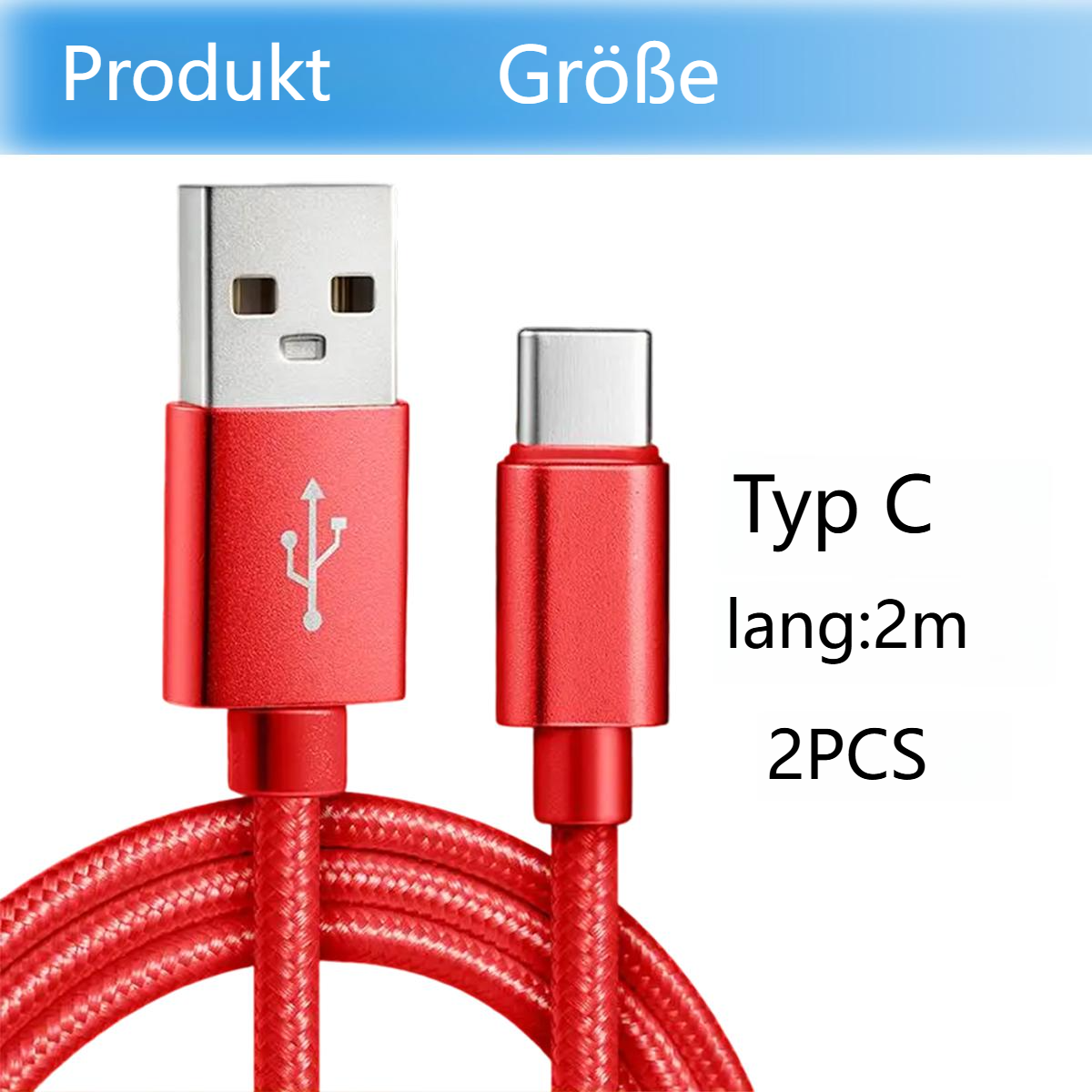 Rotes USB-C-Kabel mit Typ-C-Anschlüssen. Text: 'Type C lang:2m 2PCS'.
