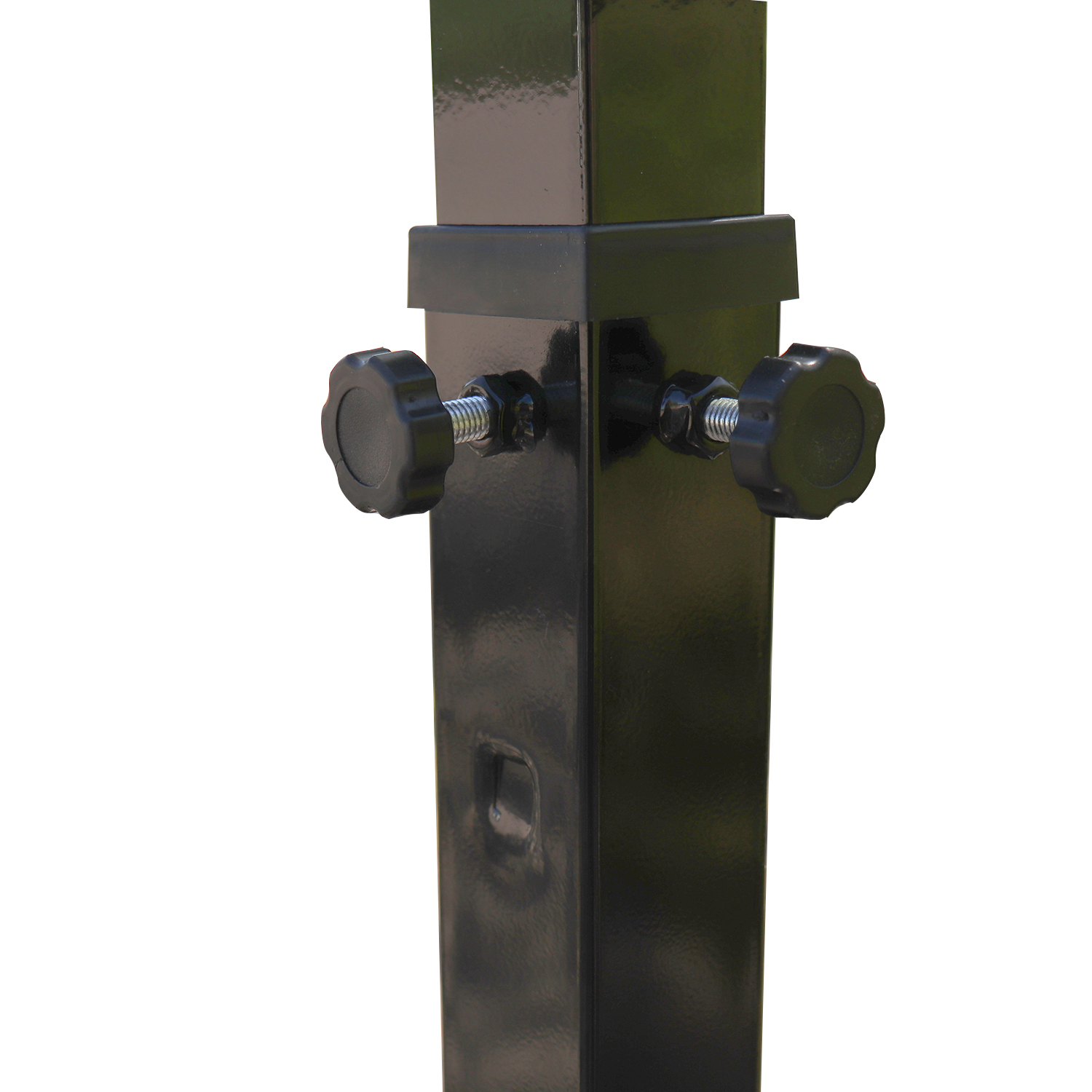 Czarna metalowa konstrukcja z regulowanymi pokrętłami. Widoczne są góra i dół.