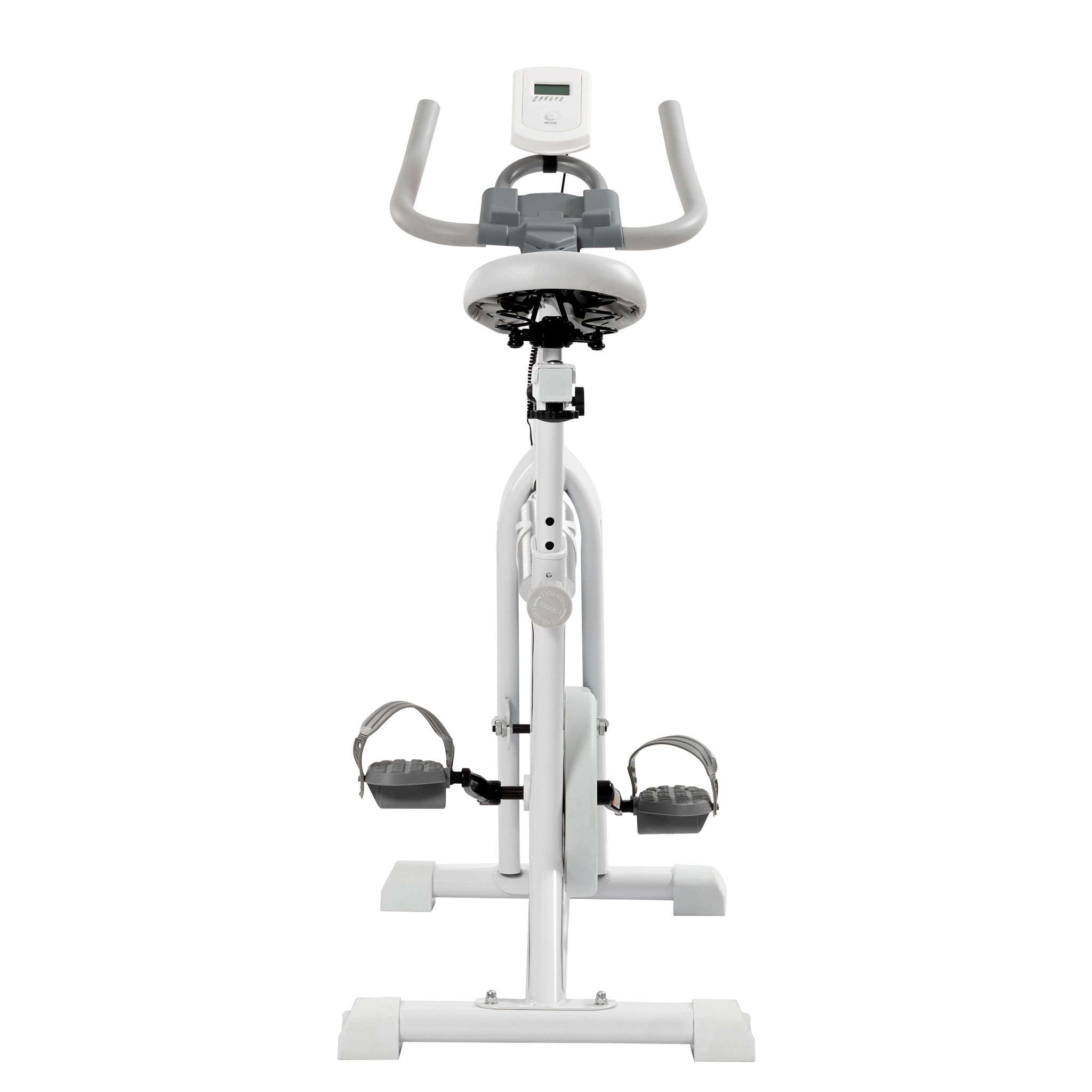 Biały rower stacjonarny z szarym siodełkiem i uchwytami. Białe tło.