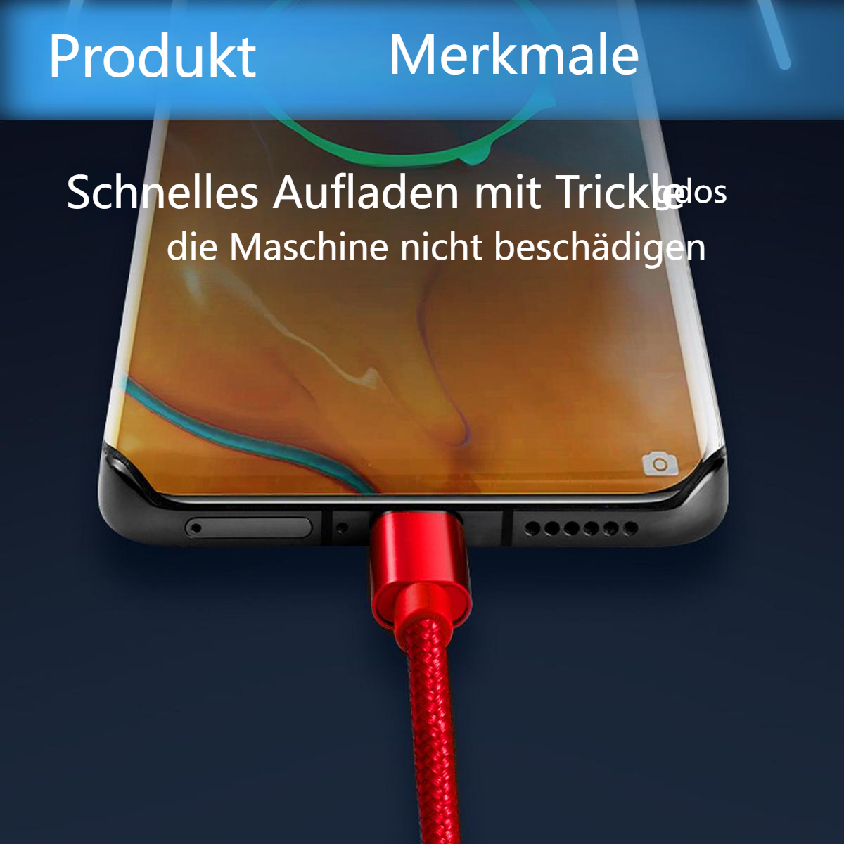 Ein Telefon ist an ein rotes Ladekabel angeschlossen. Text: Schnellladen, um das Gerät nicht zu beschädigen.