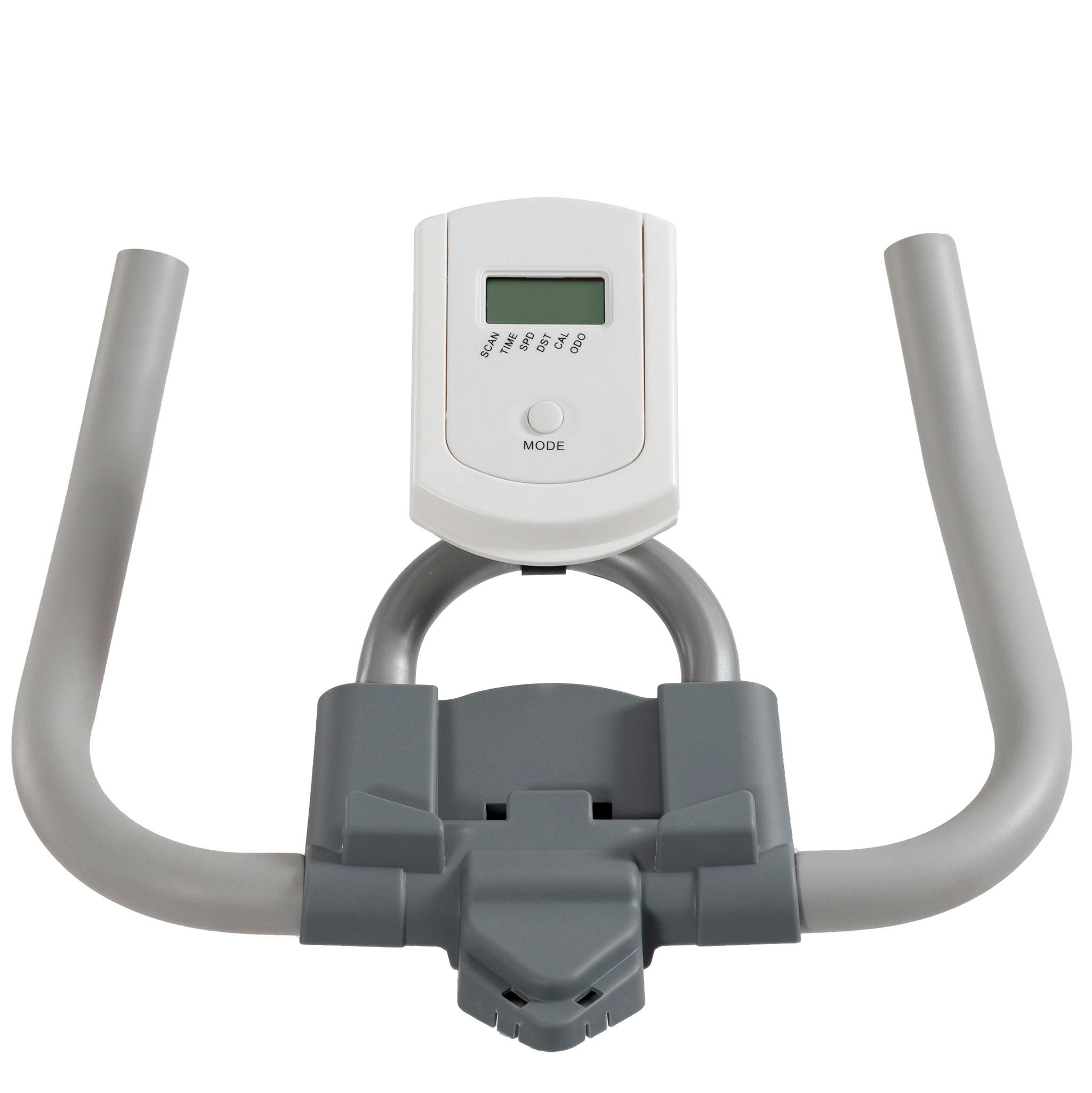 Górna część roweru treningowego, pokazująca kierownicę i konsolę z wyświetlaczem cyfrowym.