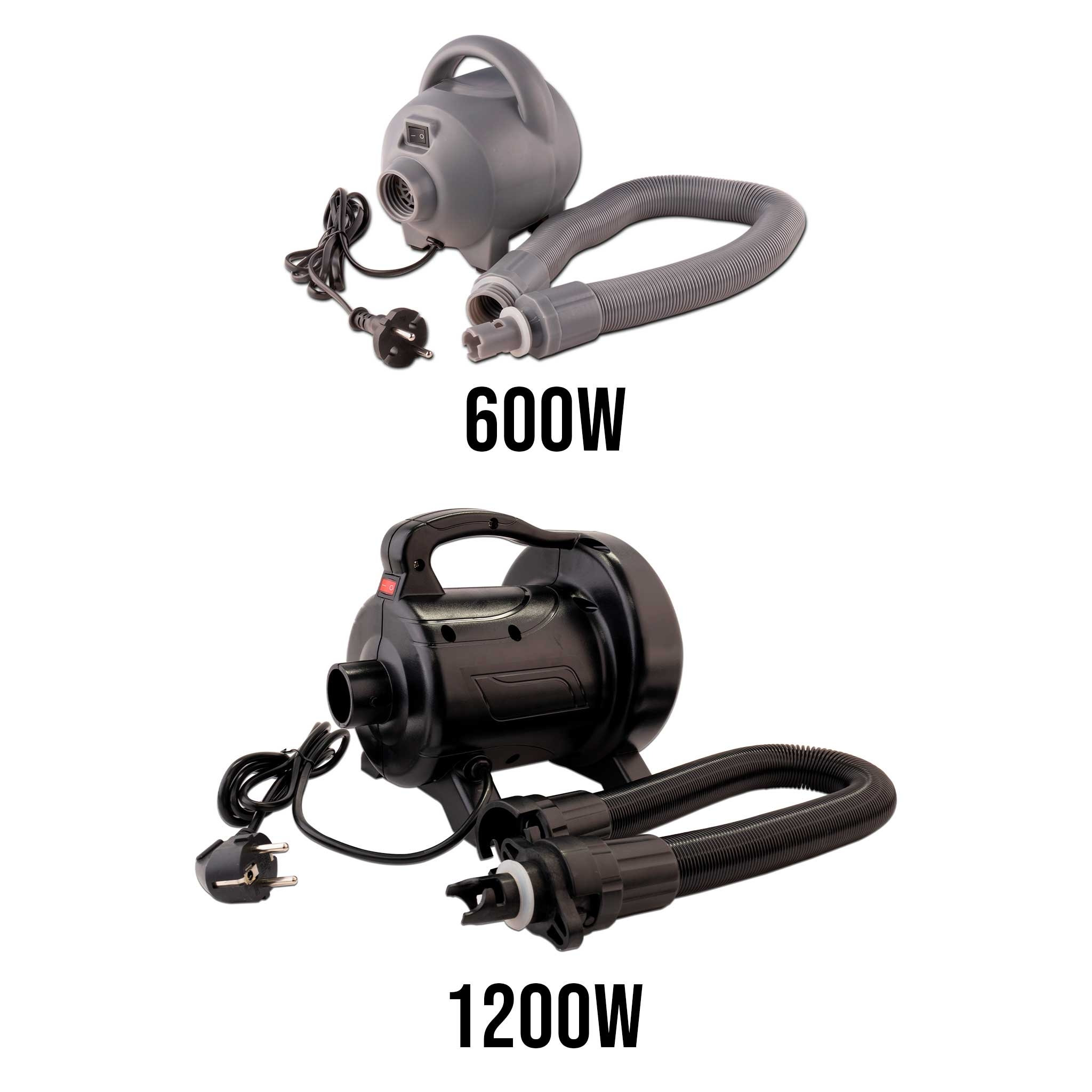 Dwie pompy powietrza, szara i czarna. Szara ma 600W, czarna 1200W, z wężami.