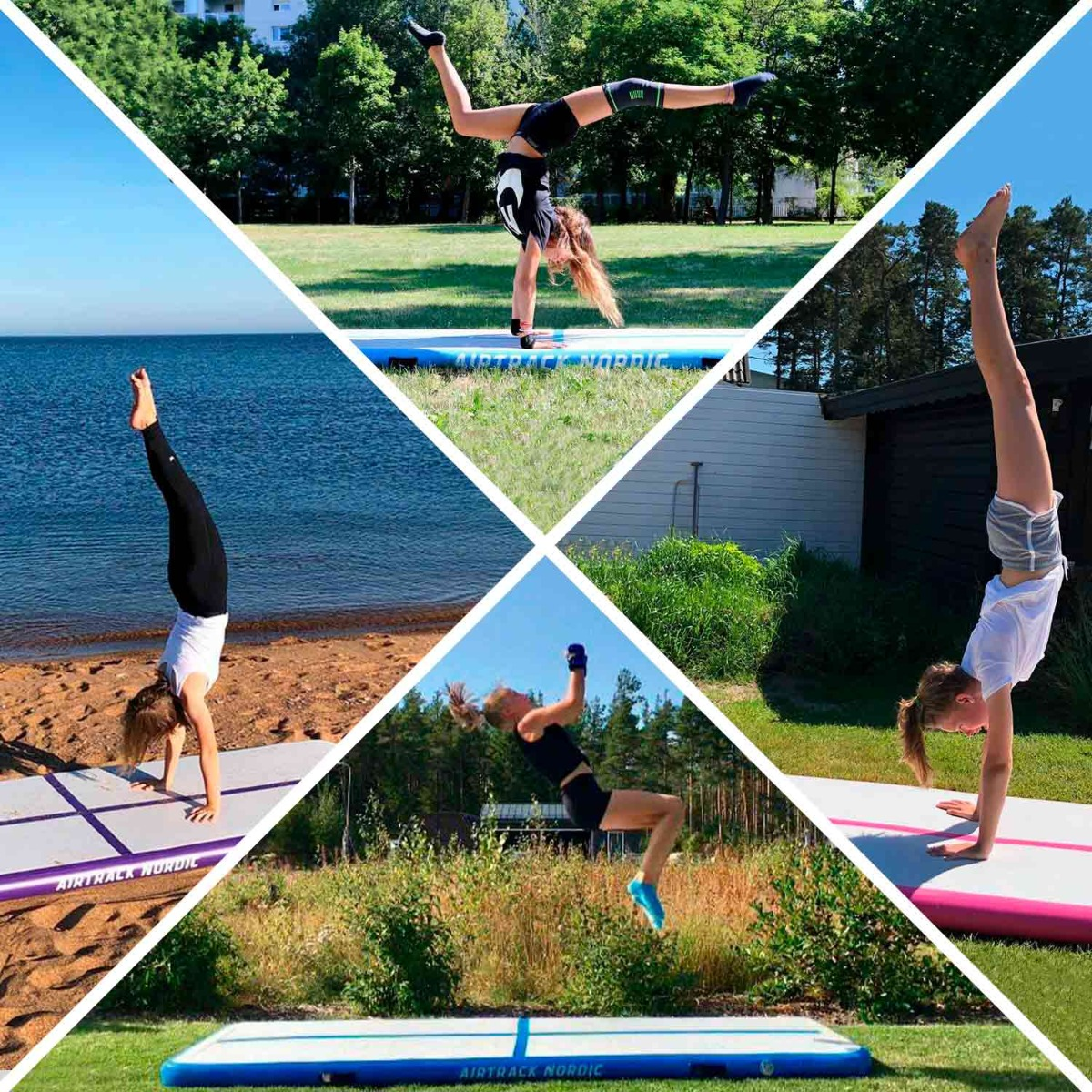 Kolaż dziewczyn wykonujących gimnastykę na niebieskim airtracku. Różne pozy i otoczenie. Słoneczna scena na zewnątrz.