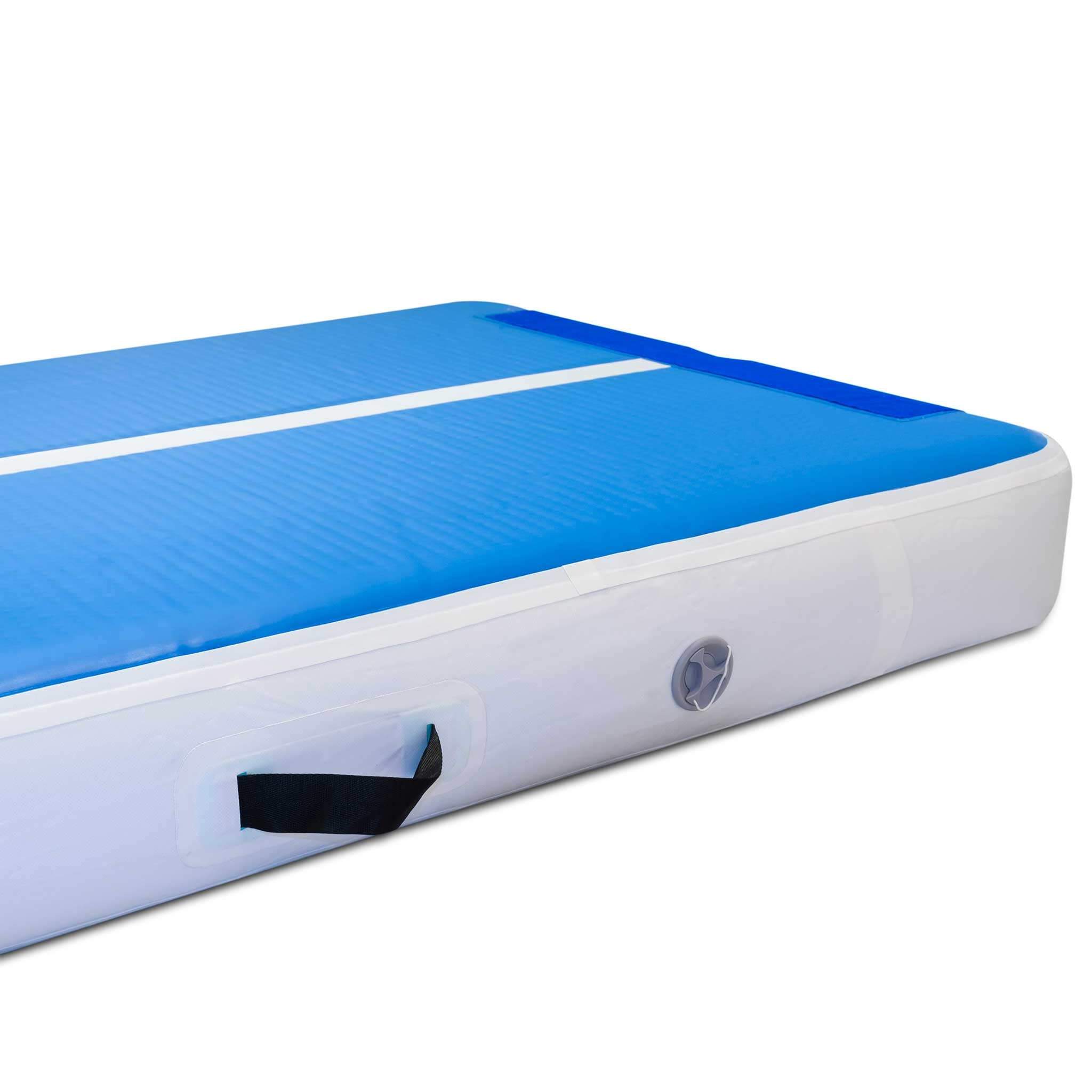 Niebiesko-biały tor powietrzny znajduje się na białym tle. Ma czarny uchwyt.