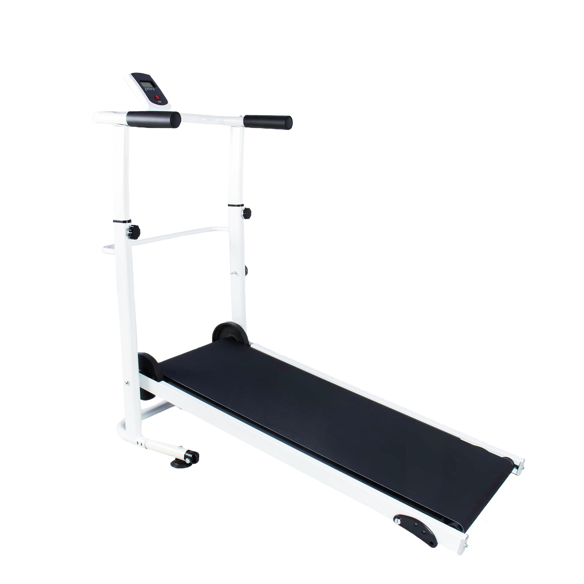 Biała bieżnia z czarną powierzchnią do biegania. Zawiera poręcze i panel wyświetlacza.