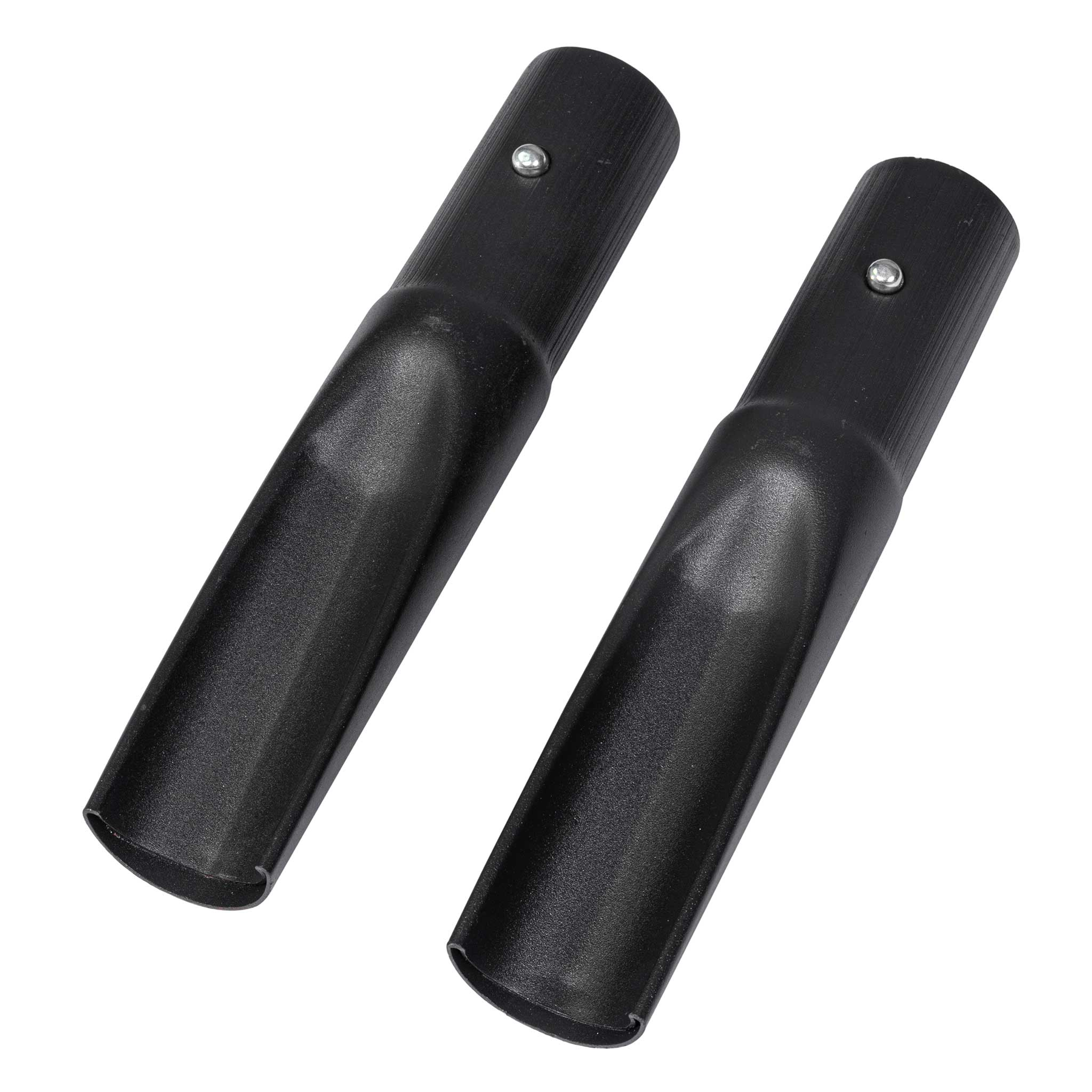 Dwie czarne plastikowe rury lekko pochylone, na białym tle. Są cylindryczne.