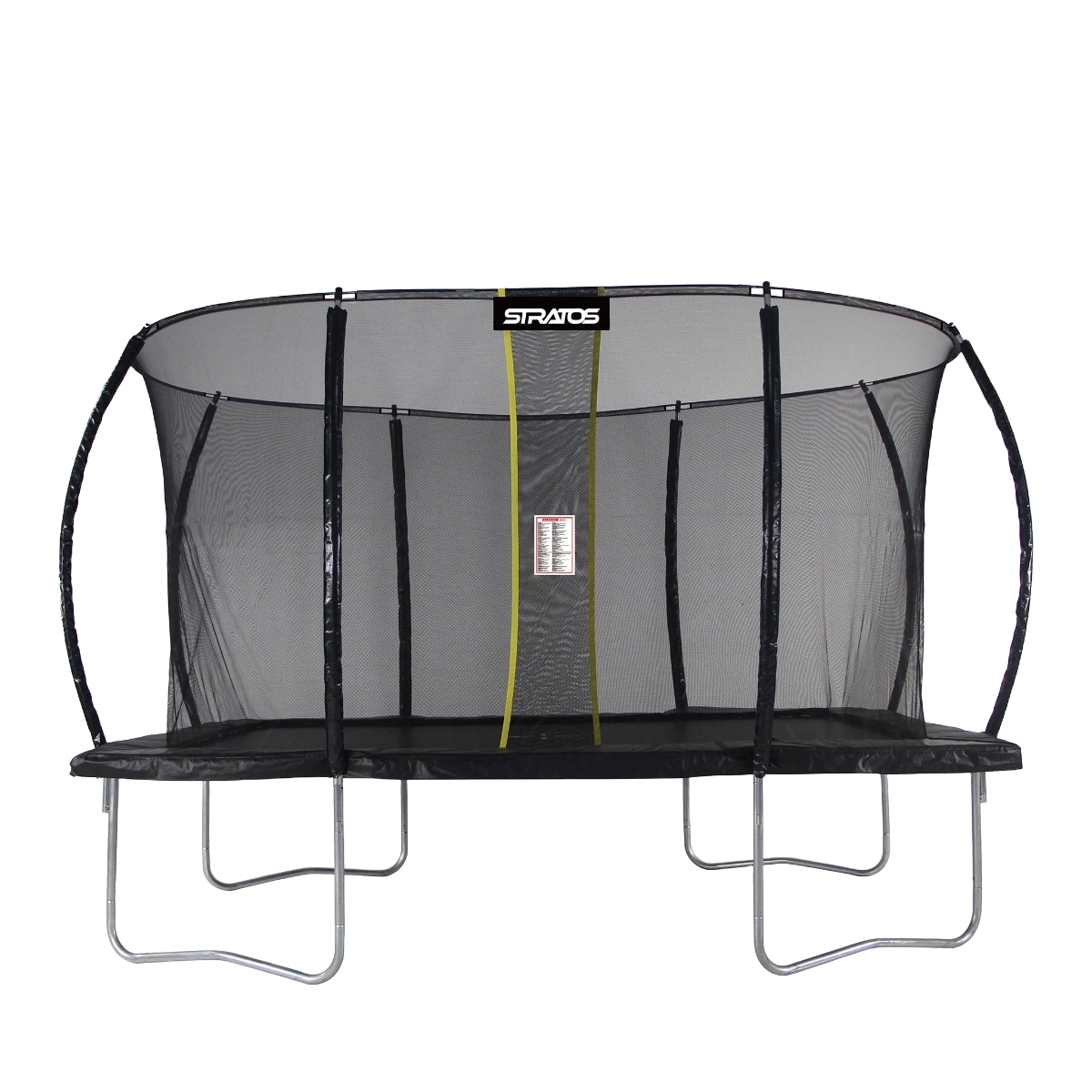 Czarna i szara trampolina z siatką bezpieczeństwa na czarnym tle.