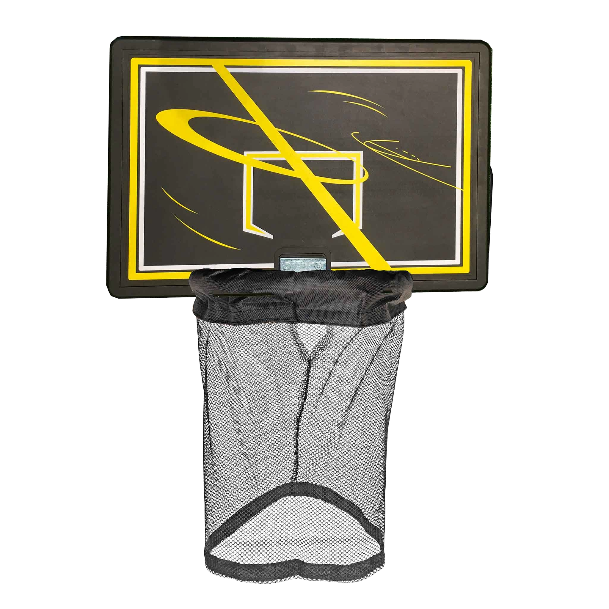 Koszykówka z siatką na białym tle. Tablica jest czarna z żółtą obwódką.