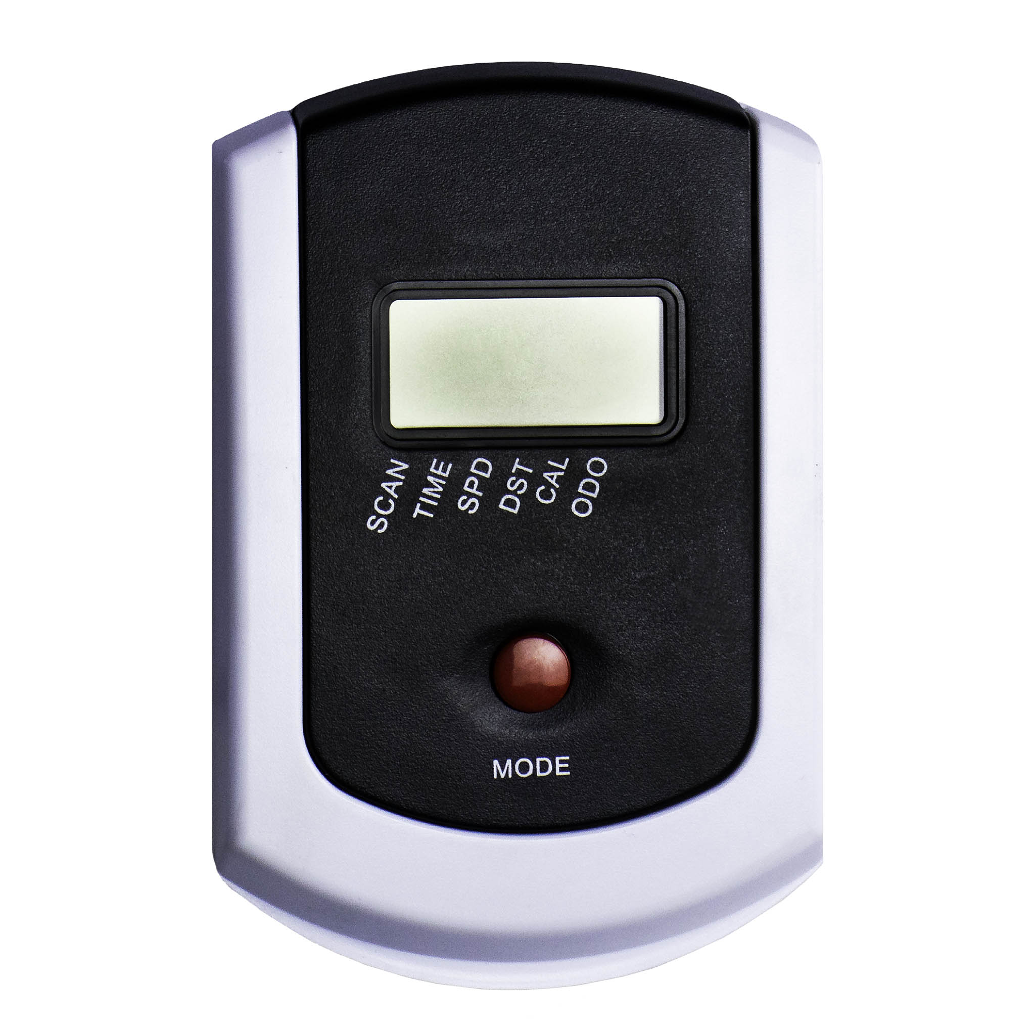 Czarno-biały komputer rowerowy. Ma czerwony przycisk i wyświetlacz LCD z danymi.