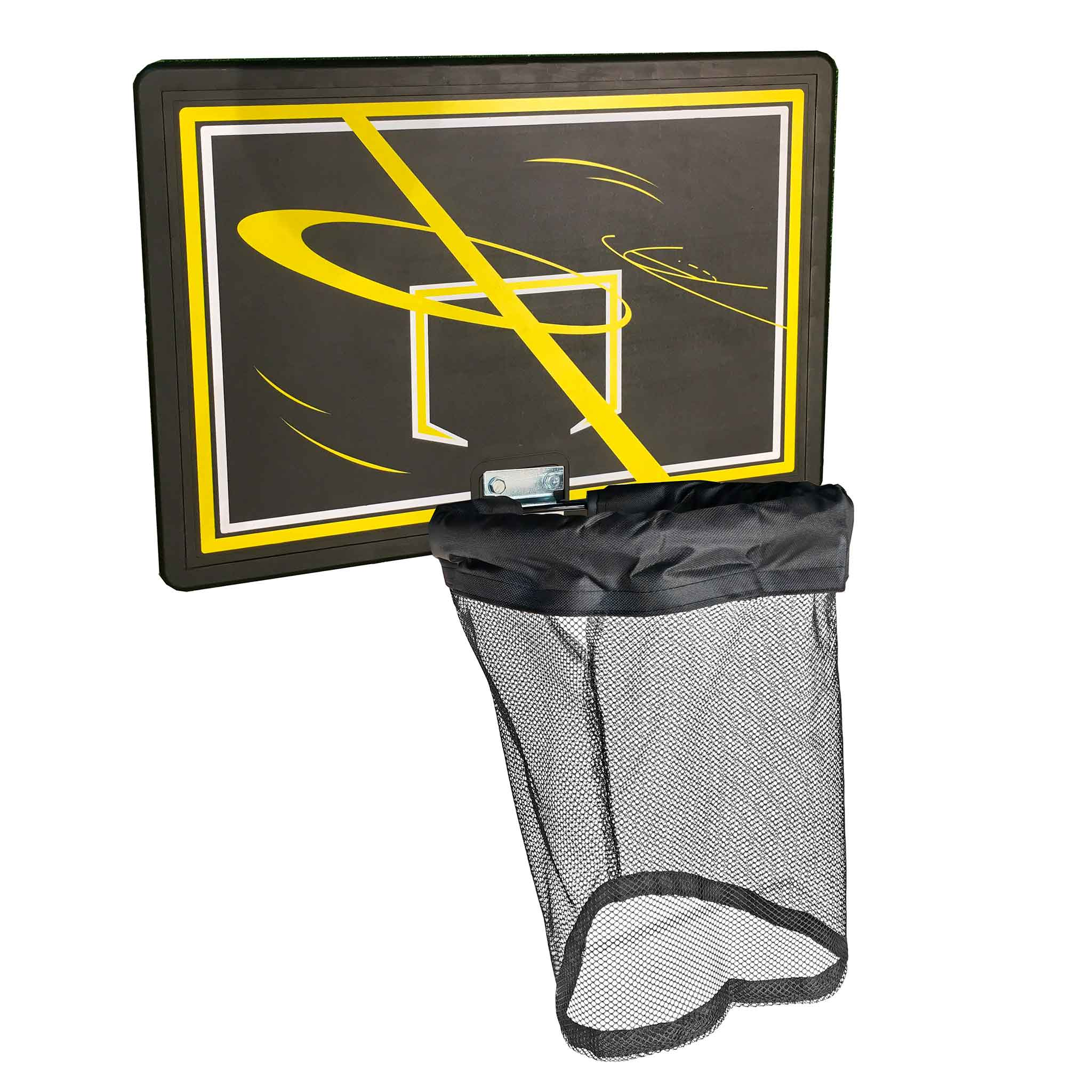 Koszykówka na białym tle. Tablica jest czarna, z żółtymi akcentami i siatką.